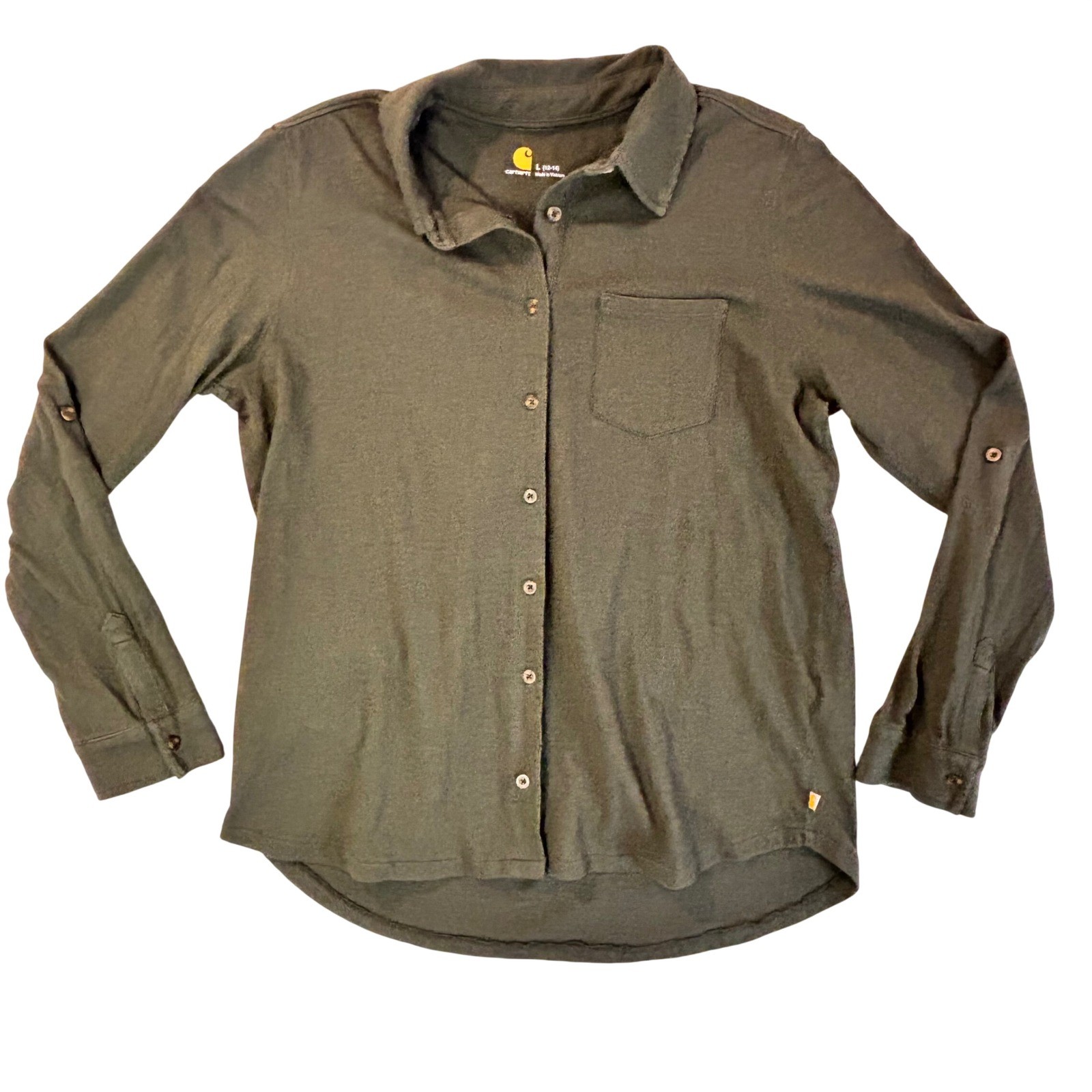 Carhartt Womens Olive Green Knit Button Down Roll Tab Shirt Large 12-14 L
