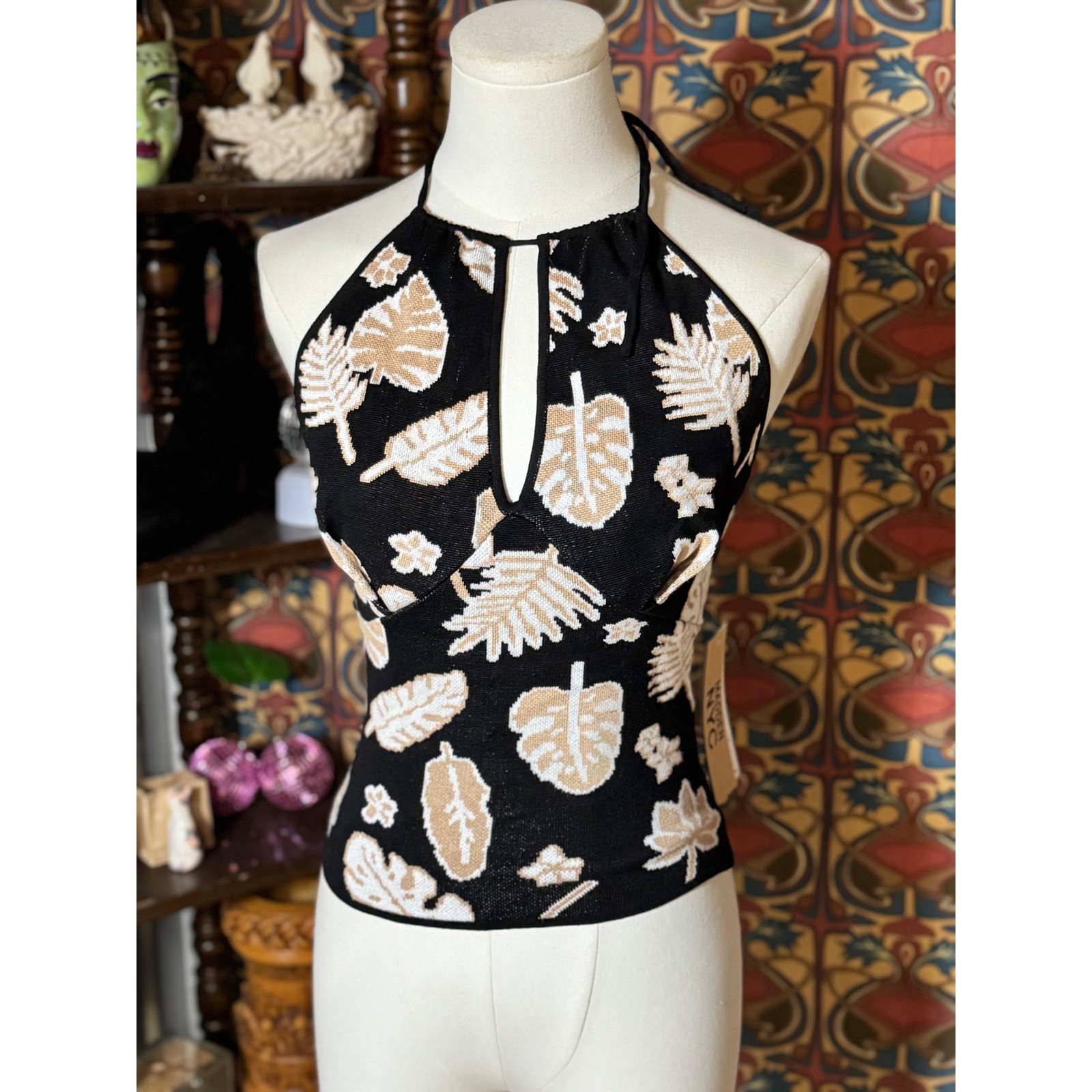 Madden NYC Halter Top Black Beige Leaf Print Sleeveless Summer Tank Juniors