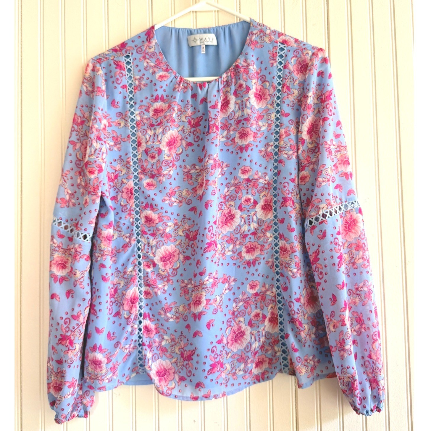 WAYF Blue Pink Floral Ladder Lace Crochet Trim Keyhole Blouse Small