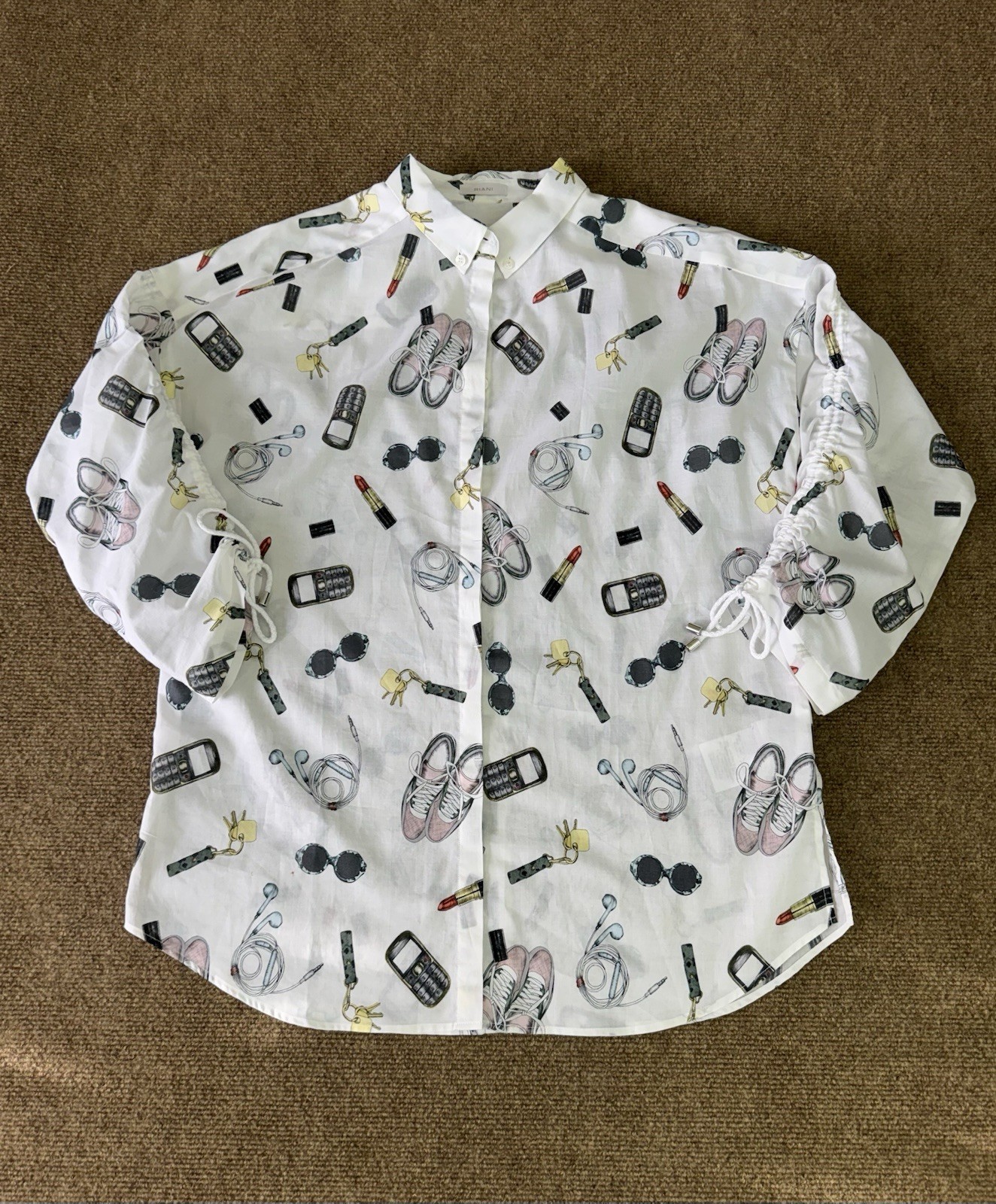 Riani White Novelty Print Cotton Shirt Women US 8 Adjustable Drawstring Sleeves