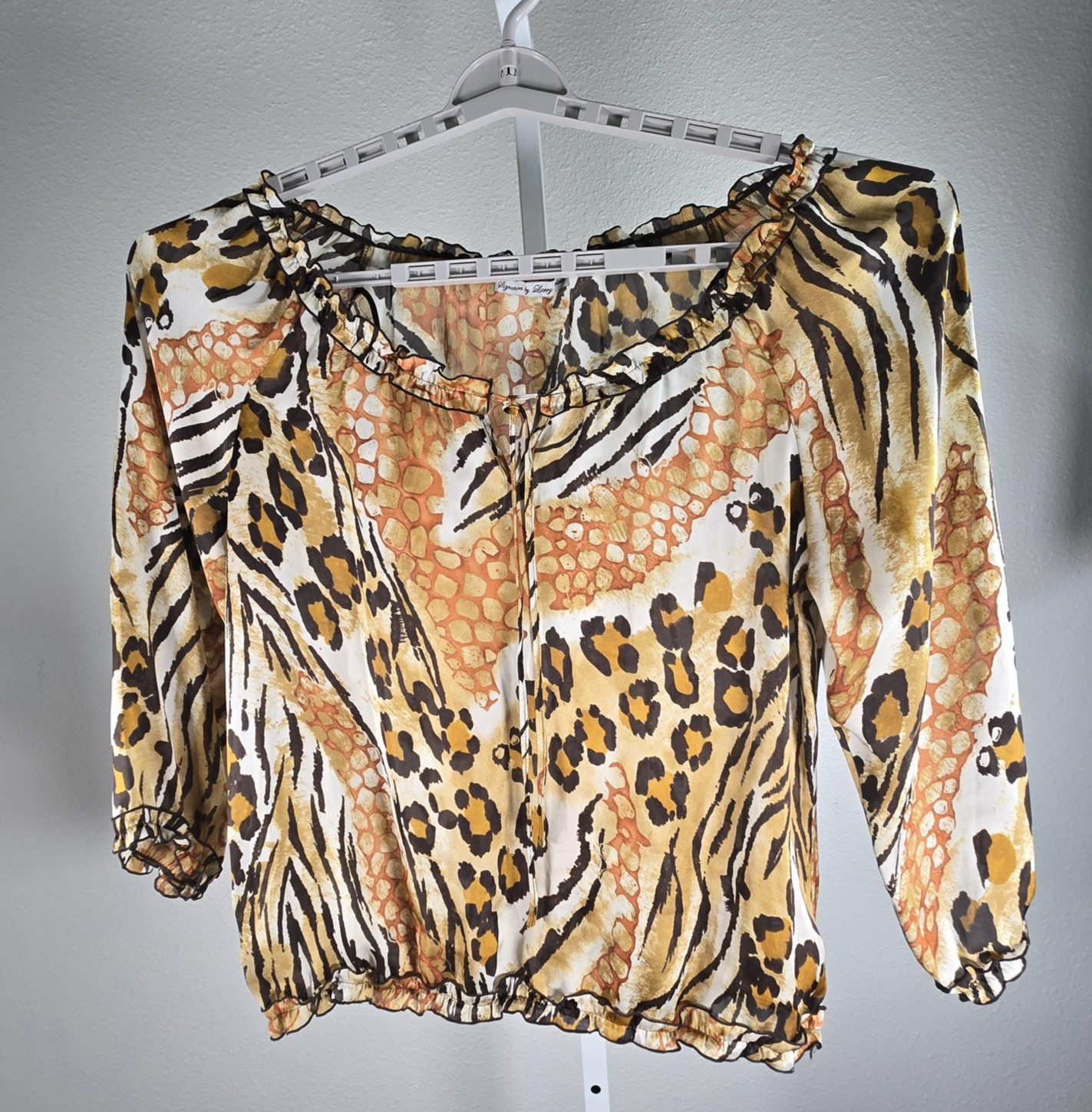 Signature by Larry Levine Blouse Women XL Brown Animal Print Pullover 3/4 Sleeve