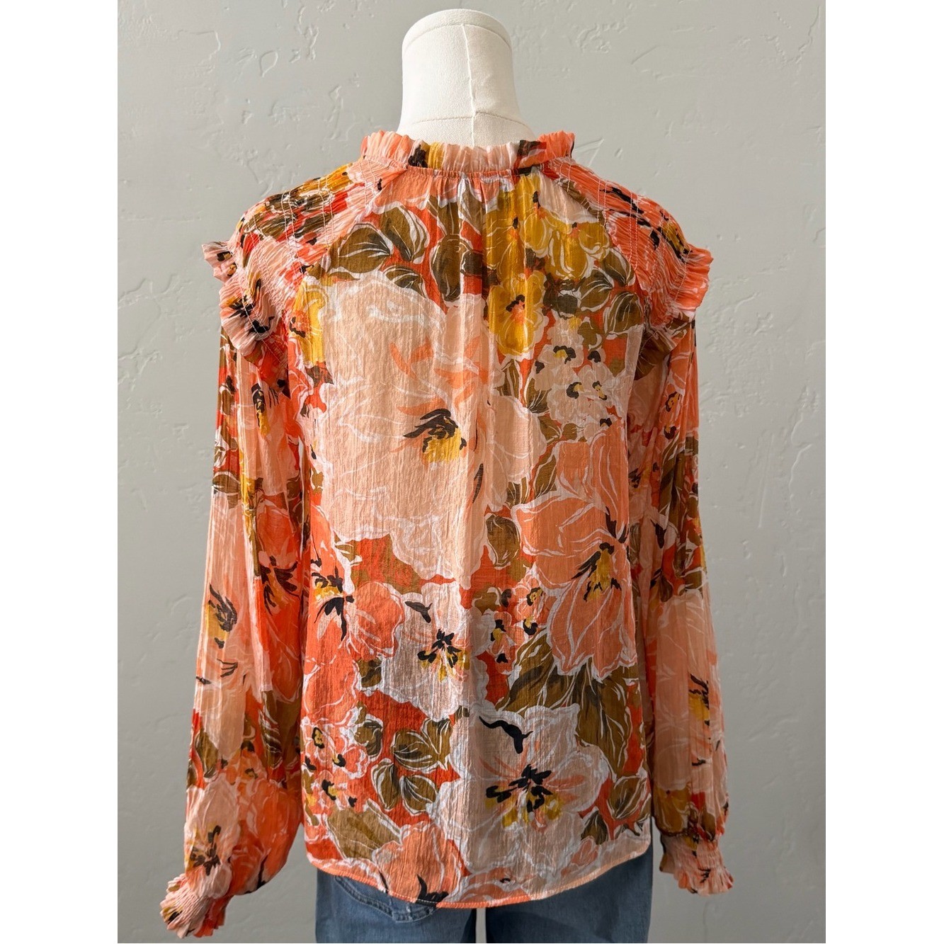 MINKPINK Floral Ruffle Blouse Womens Size XS Orange Boho Feminine Semi Sheer