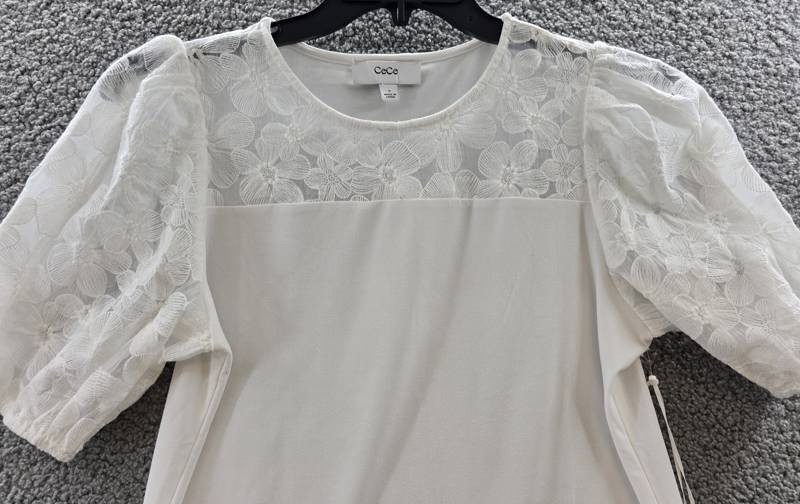 CeCe Embroidered Floral Lace Top Women’s S White Crew Neck Short Sleeve Pullover