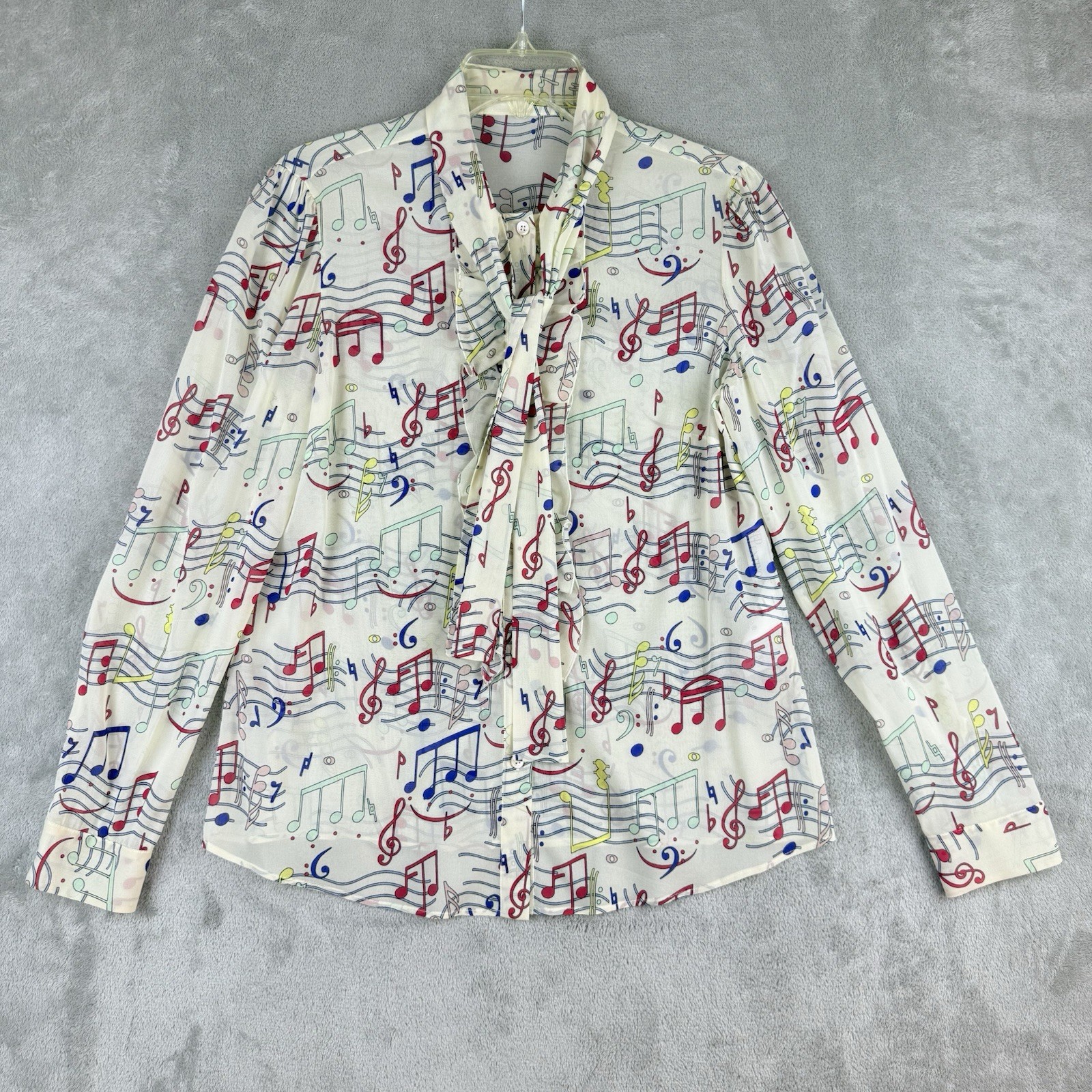 Valentino RED Silk Blouse Women 44 US 8 Musical Notes Print Pussy Boe Tie Luxury