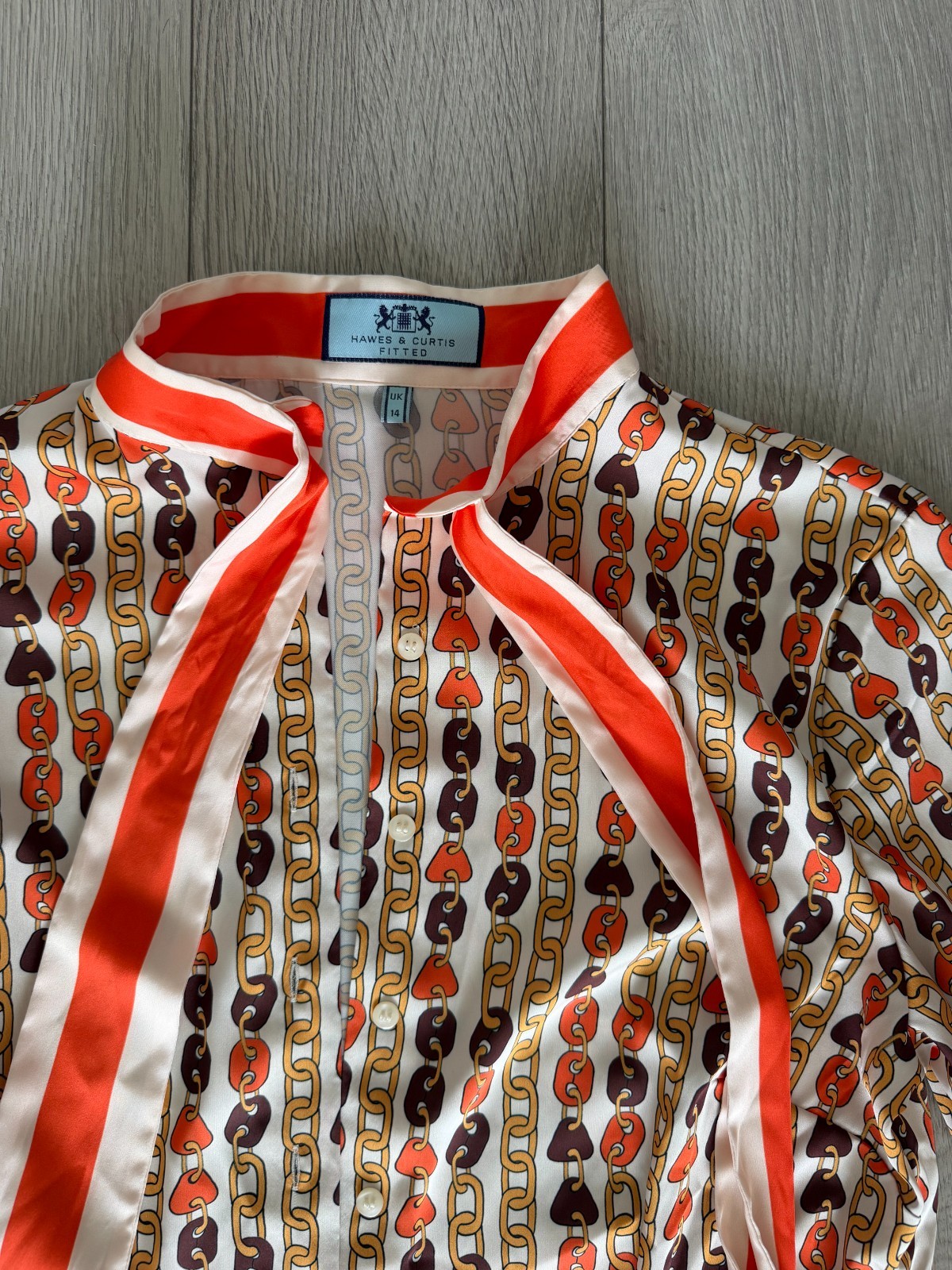 Hawes & Curtis Fitted Chain Pattern Bow-Tie Blouse Size 14 UK
