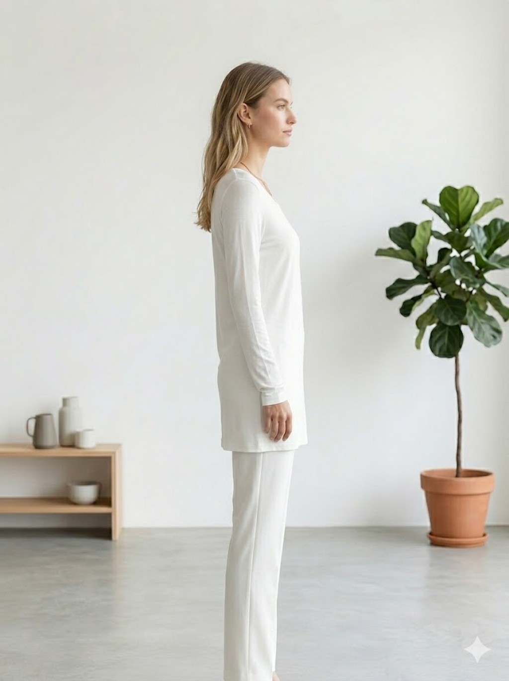 PIKO 1988 White Bamboo Spandex Long Sleeve Tunic Top Minimalist Essential