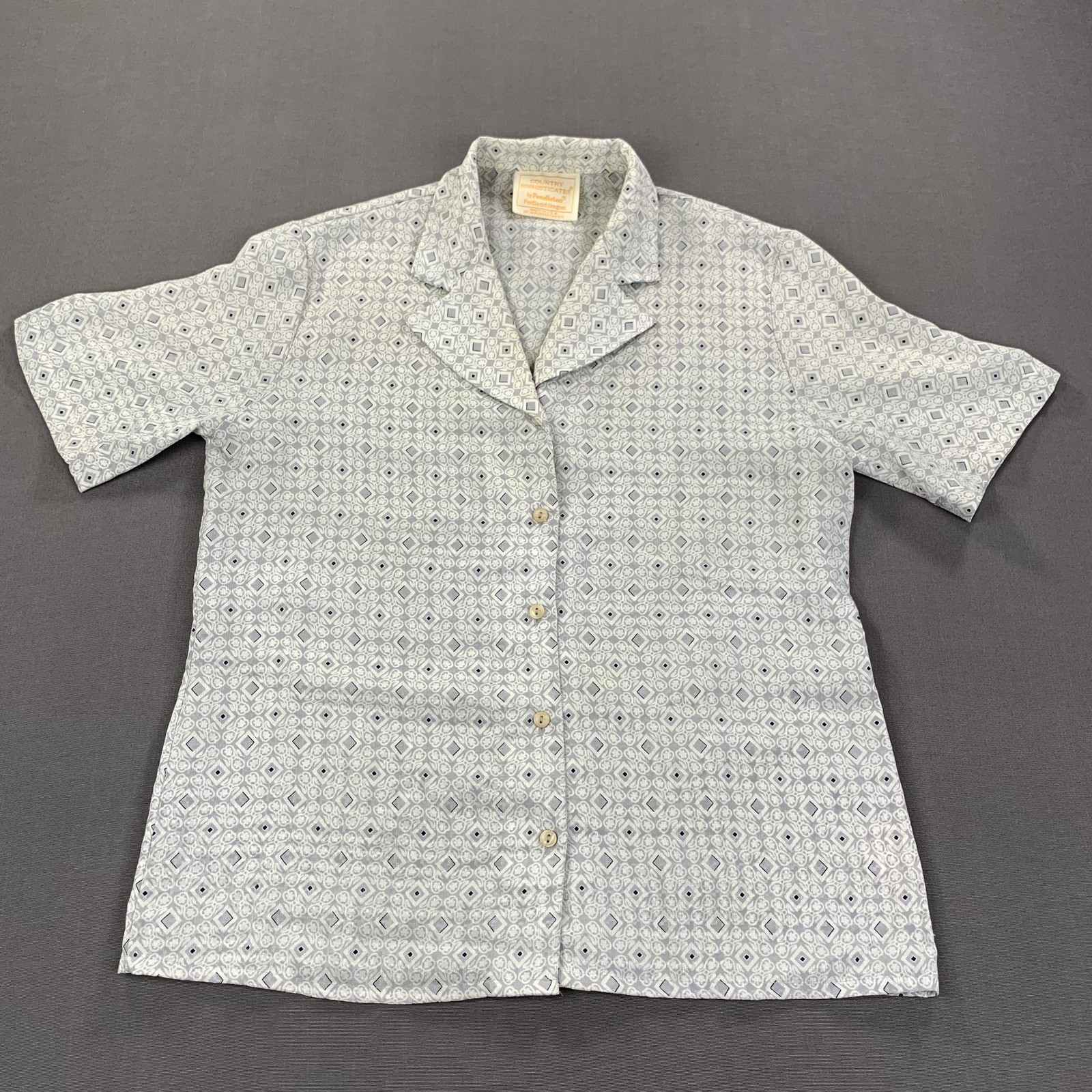 Vintage Pendleton Shirt Womens Large Gray Blue Geometric Print Button Front 90s