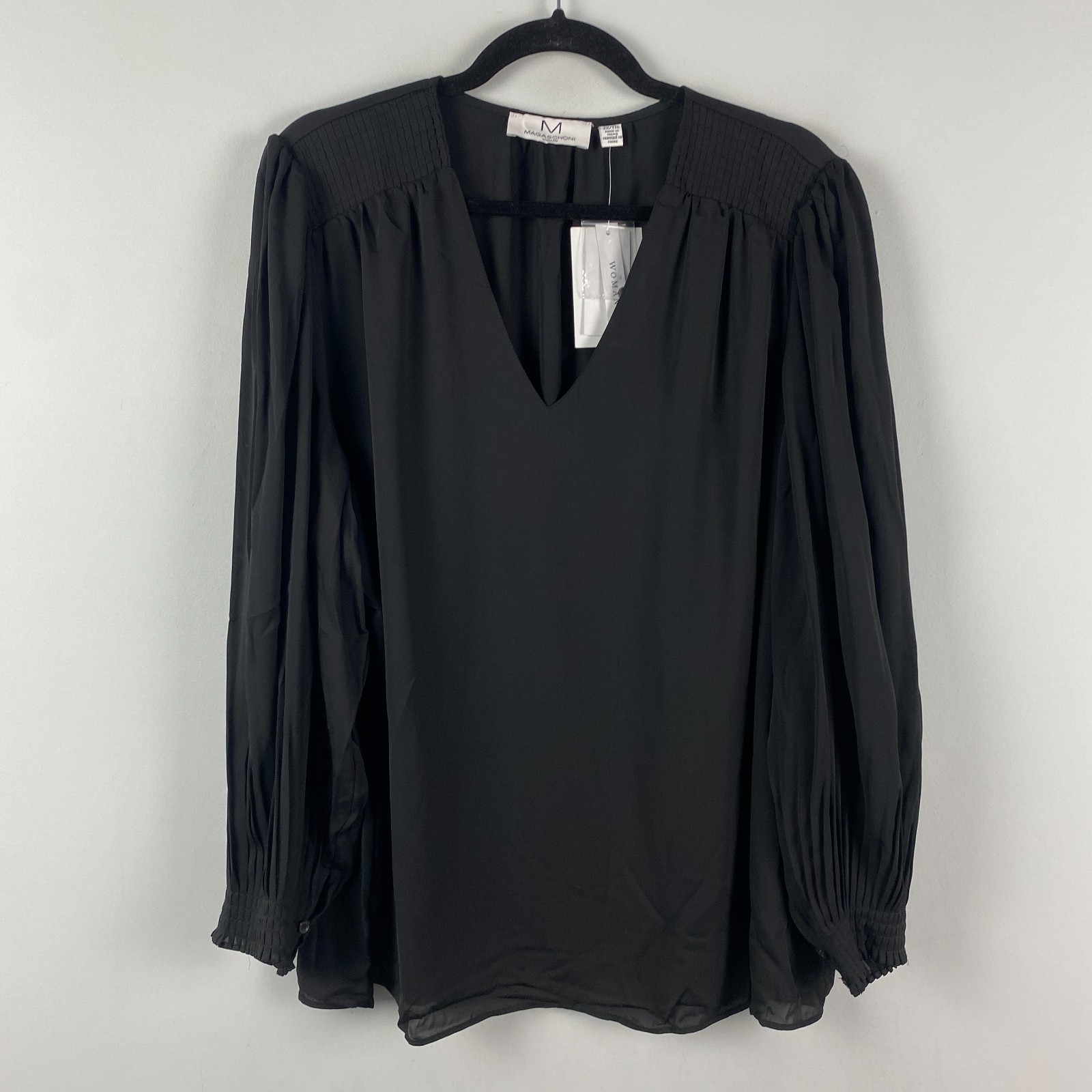 Magaschoni Popover Blouse Size 2X Puff Sleeve V Neck Sheer Solid Black