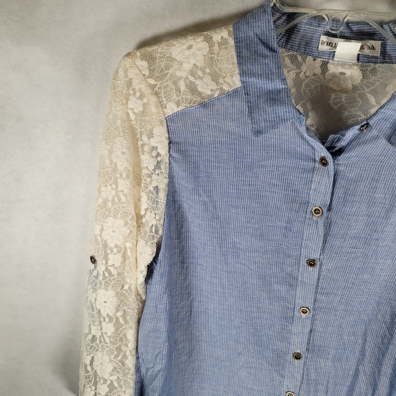 Excuse Me M?ss Womens Button Up Collared Shirt Size Large L Long Lace Sleeve