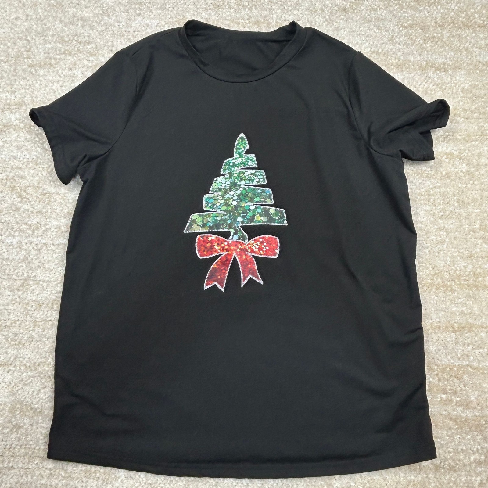 Christmas Tree Sequin Bow T-Shirt Womens S Black Short Sleeve Graphic Polyester