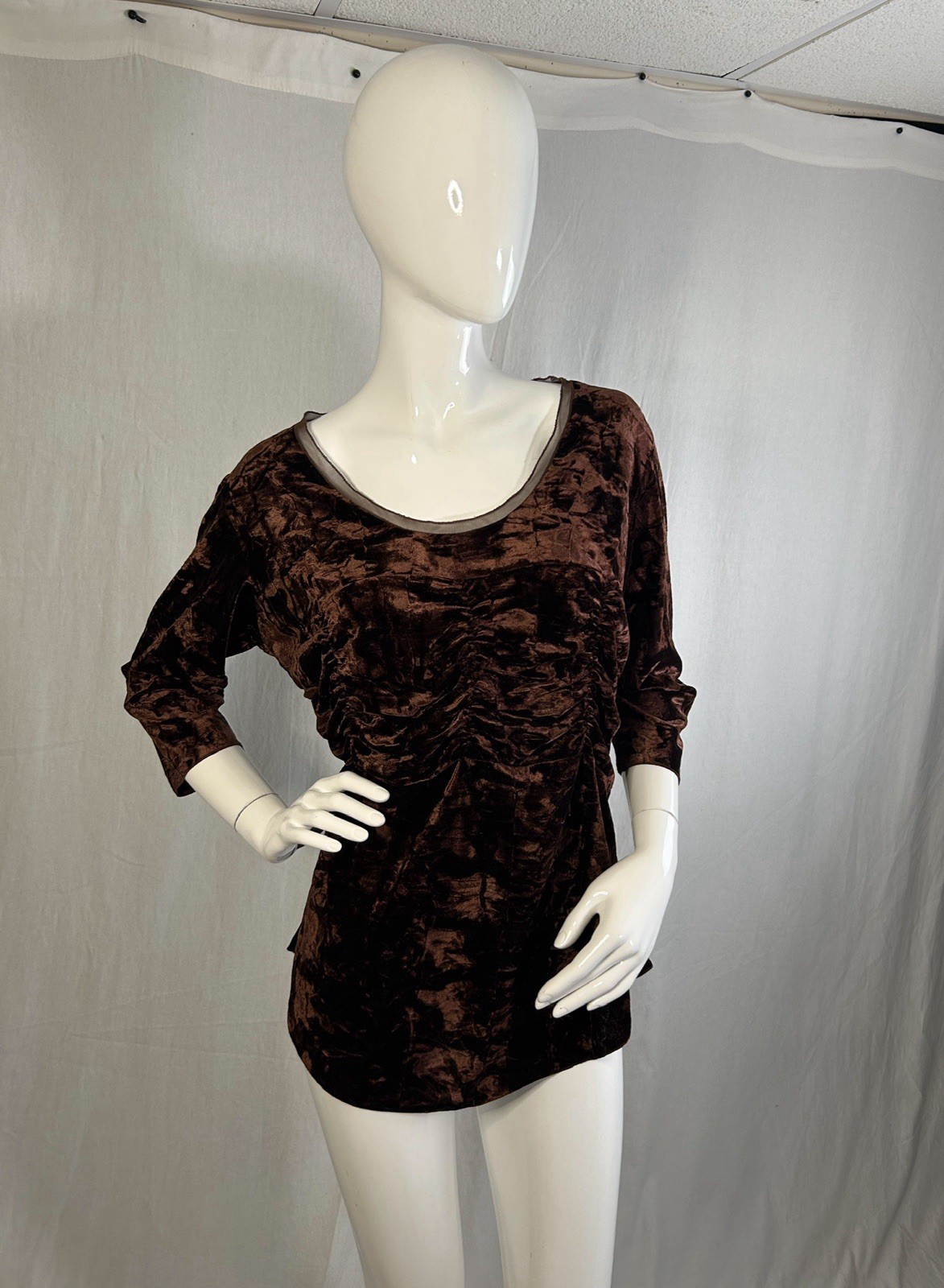 VTG Mob Wife 90s Velour Ruched Mesh Top XL Crushed Velvet Cinched Ruffled Gothic