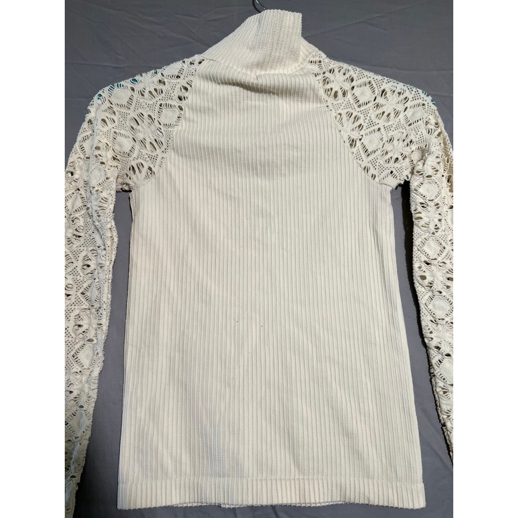 Intimately Free People Ribbed Turtleneck Lace Sleeve Top Ivory Cream M/L Boho