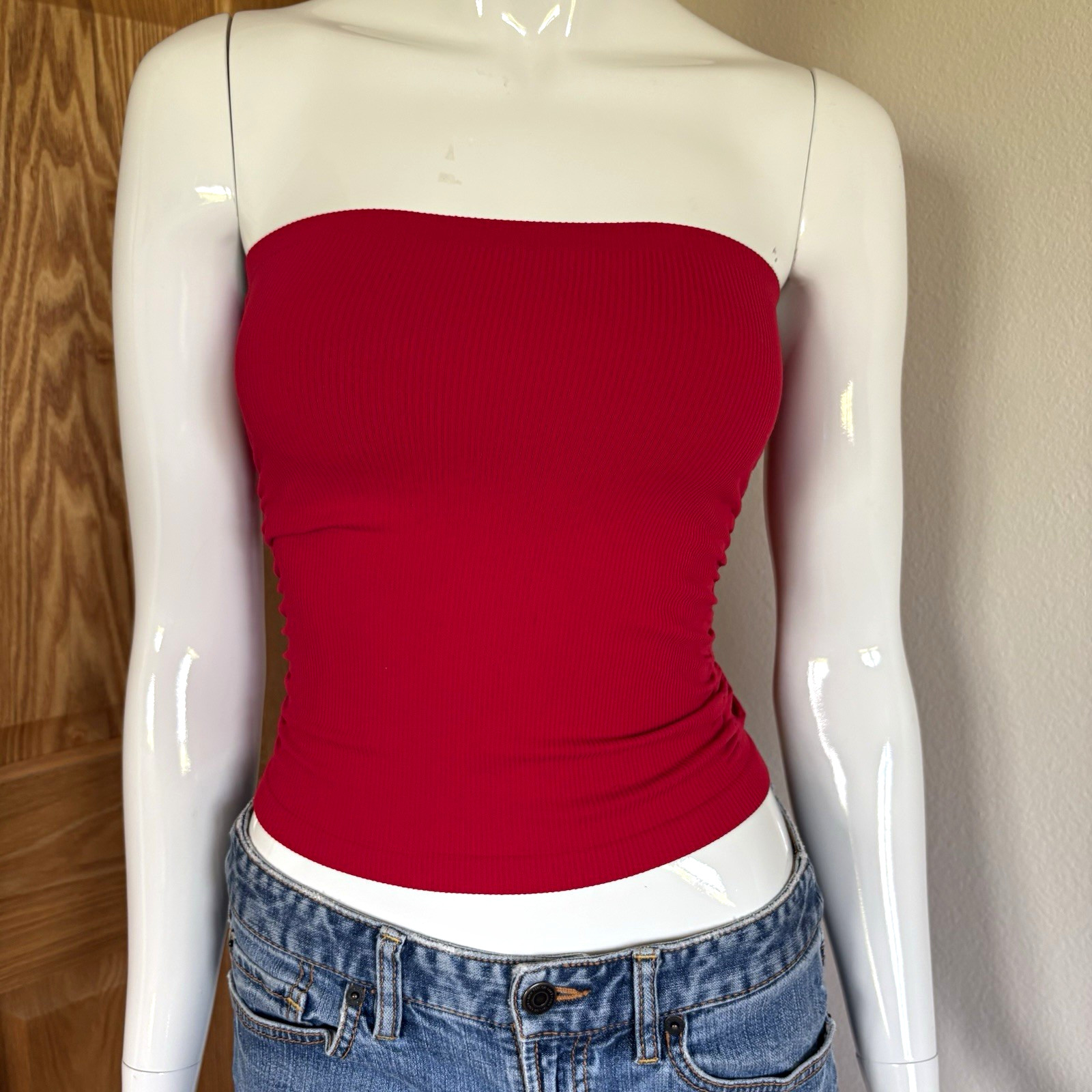 Bisou Bisou Red Solid Ribbed Knit Ruched Strapless Tube Top Stretch XS/S
