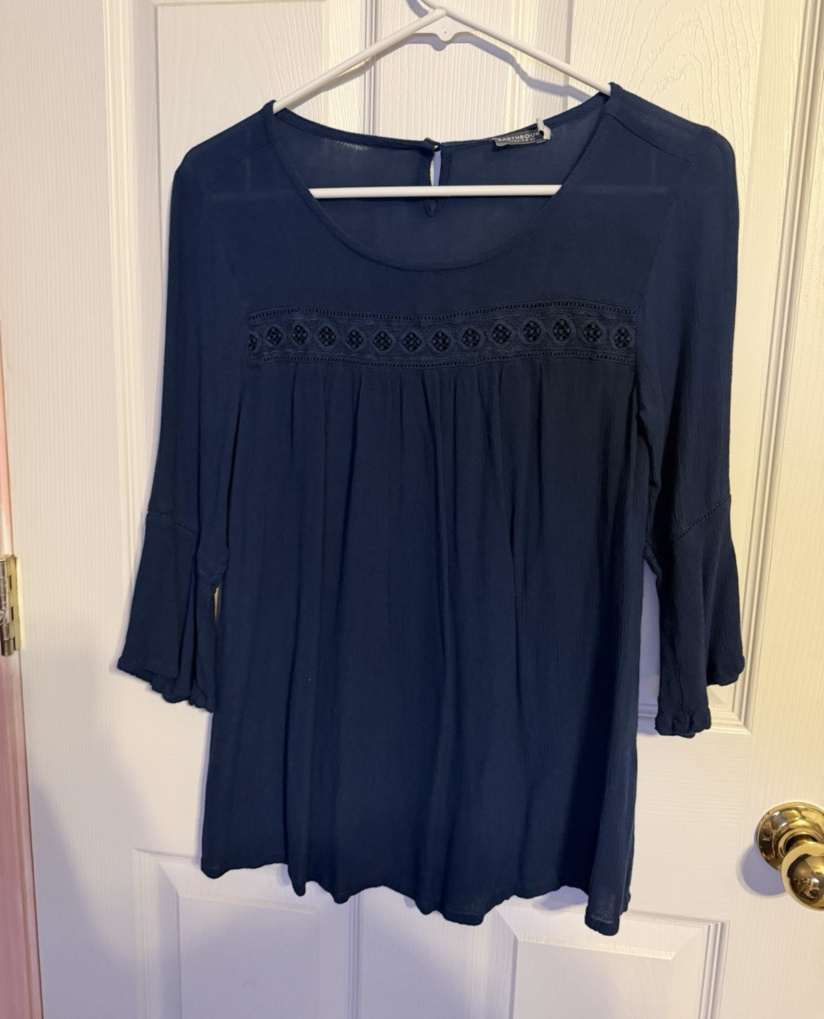 Earthbound Trading Co. Women’s Navy Blue Lace Scoop Neck 3/4 Sleeve Blouse S