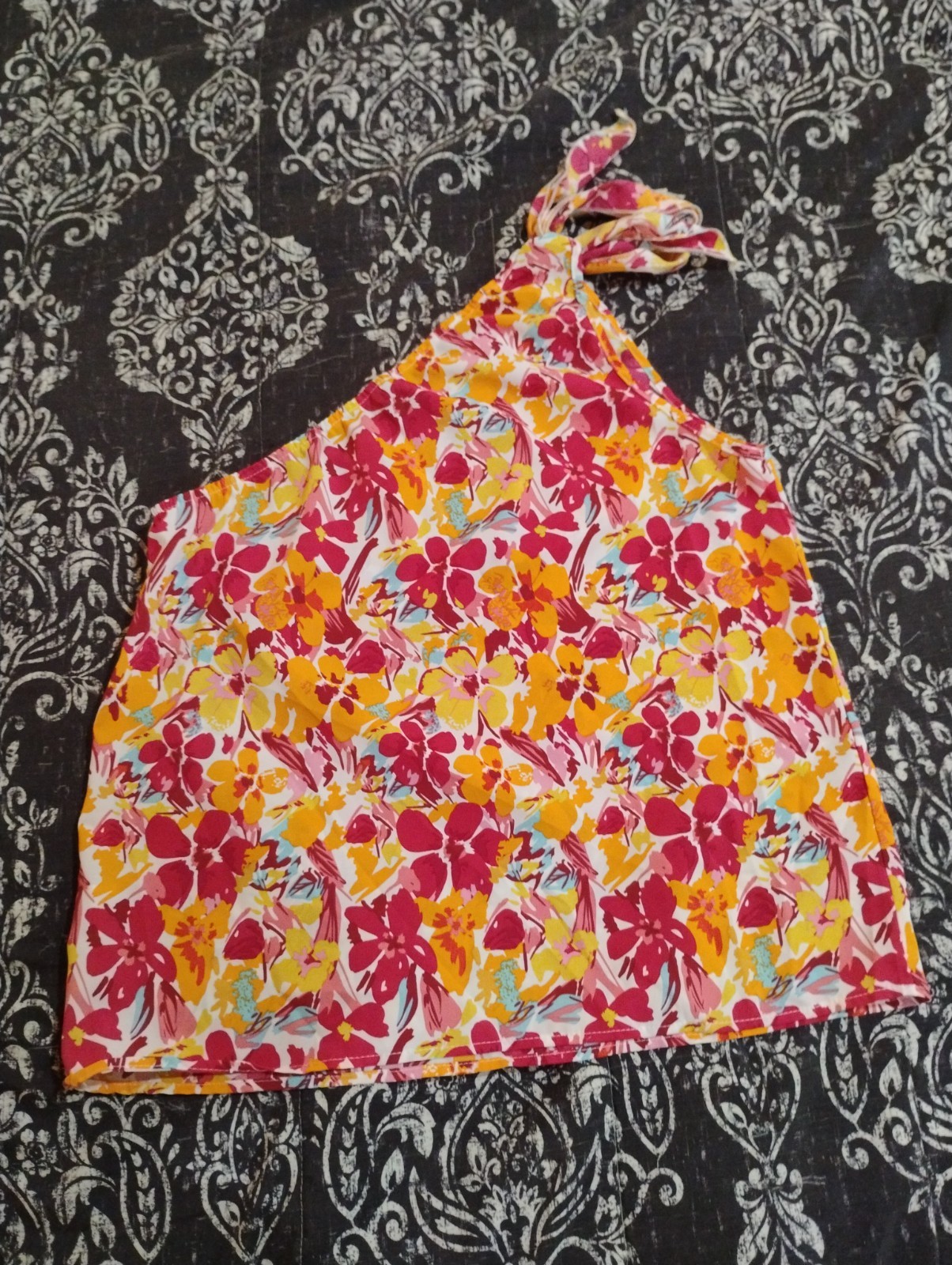 Gomorn Women’s Floral One-Shoulder Tie-Strap Blouse in Pink & Yellow Size M