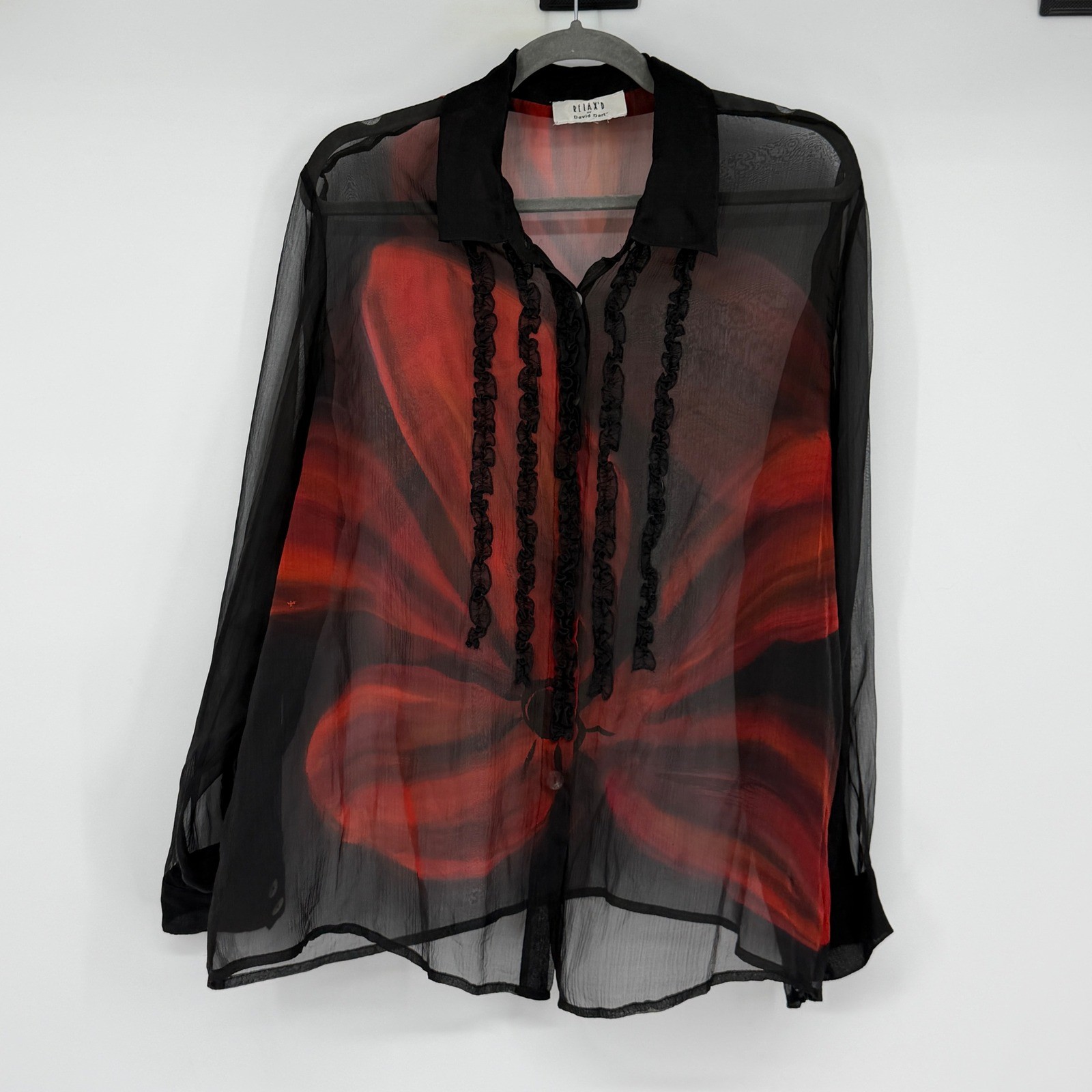 Relax’d by David Dart Sheer Black Red Floral Ruffle Button Down Blouse Top