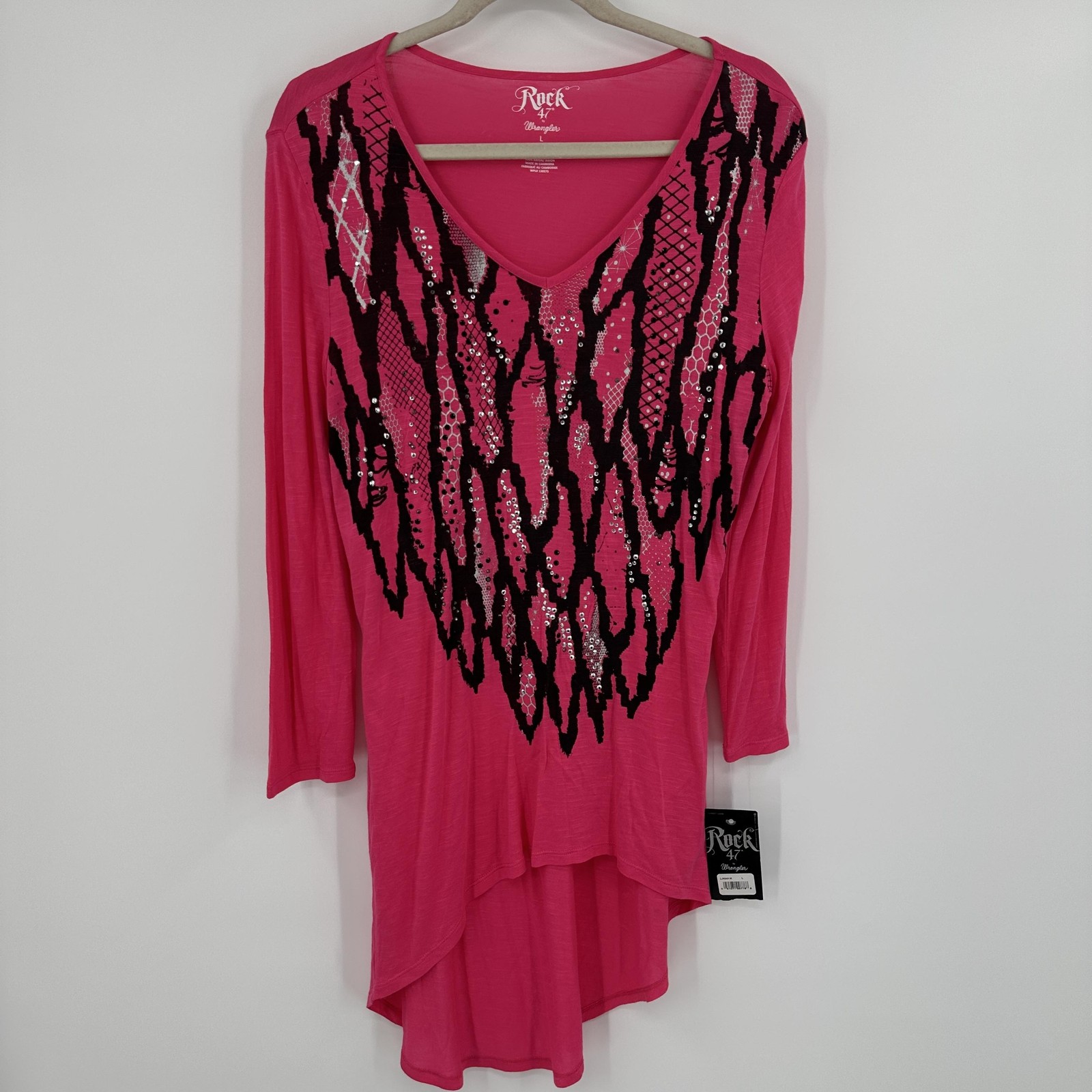 Rock 47 by Wrangler Shirt Womens Large Pink Sequin V Neck Tunic High Low