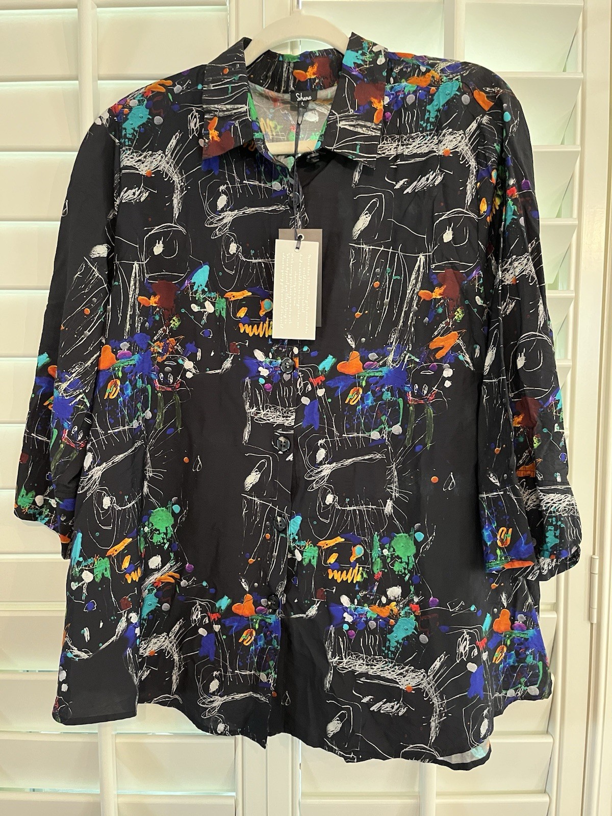 Shana Womens Large NWT Abstract Art Blouse Pockets Back Zip Button Front