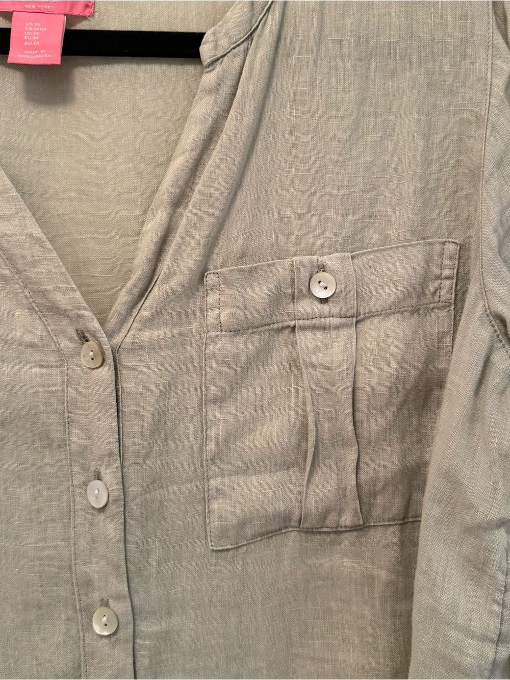 Isaac Mizrahi NY 100% Linen Button Down Blouse Sage Melange Size M