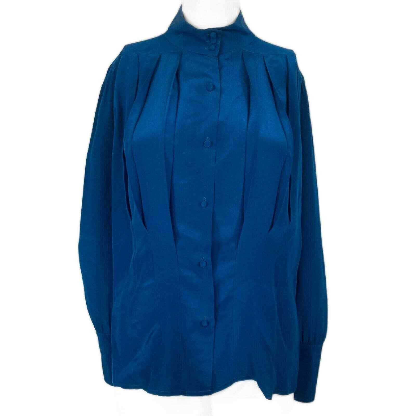 VTG Condor Shirt Womens Sz 9 10 Blue Silk Pleated Button Long Sleeve Blouse