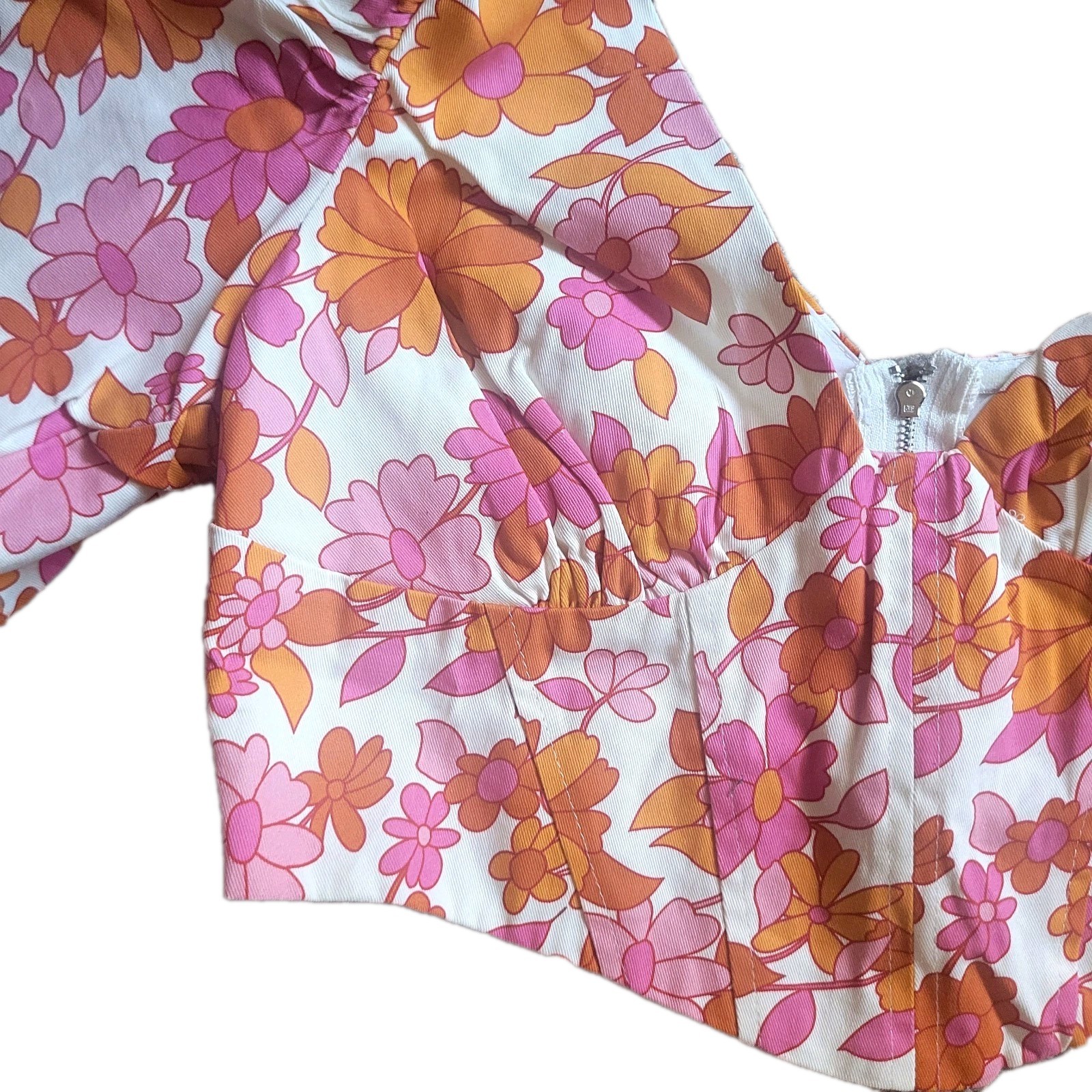 Klesis Floral Puff Sleeve Crop Top Pink Orange Retro Flower Power Festival Large