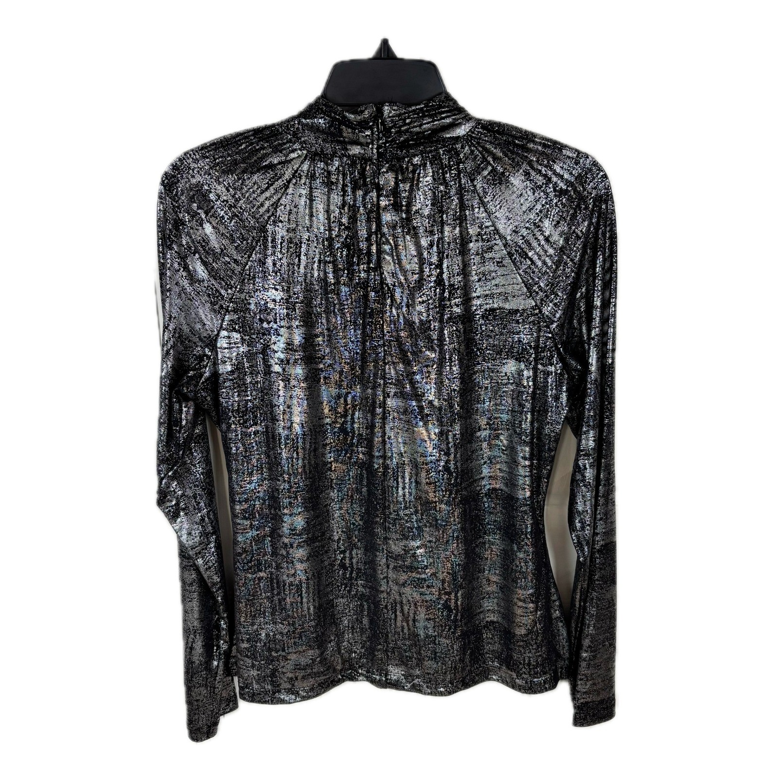 Ted Baker Rich Black Silver Metallic Foil Mock Neck Long Sleeve Top Blouse L NEW