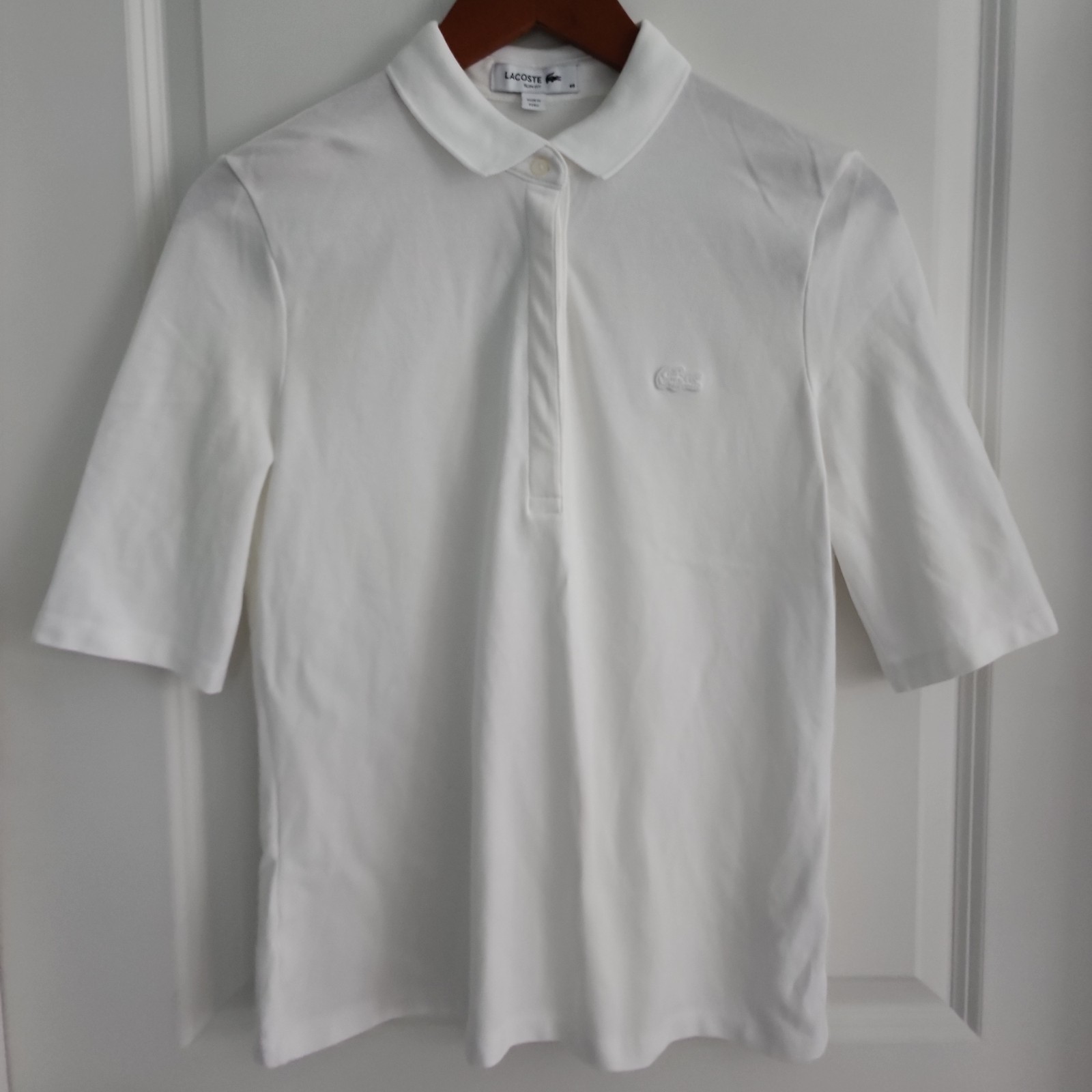 Lacoste Mini Pique Polo Shirt Women Size 40 White Logo Stretch Golf Elbow Sleeve