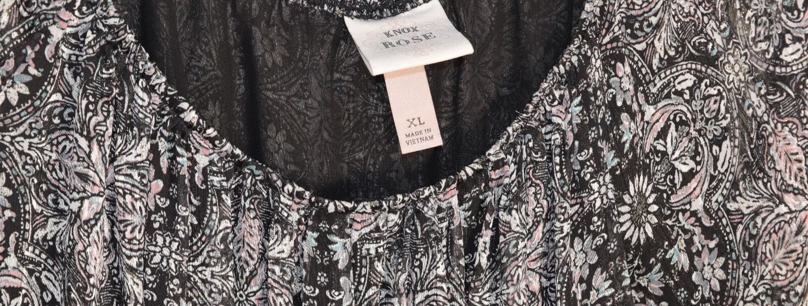 Knox Rose Black Paisley Peasant Blouse Size XL Boho Sheer Long Sleeve Scoop Neck
