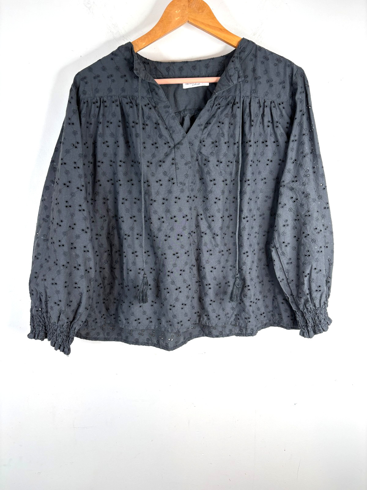 Natural Life Dara Eyelet Peasant Top M Charcoal Tassels Boho Cottage Whimsigoth