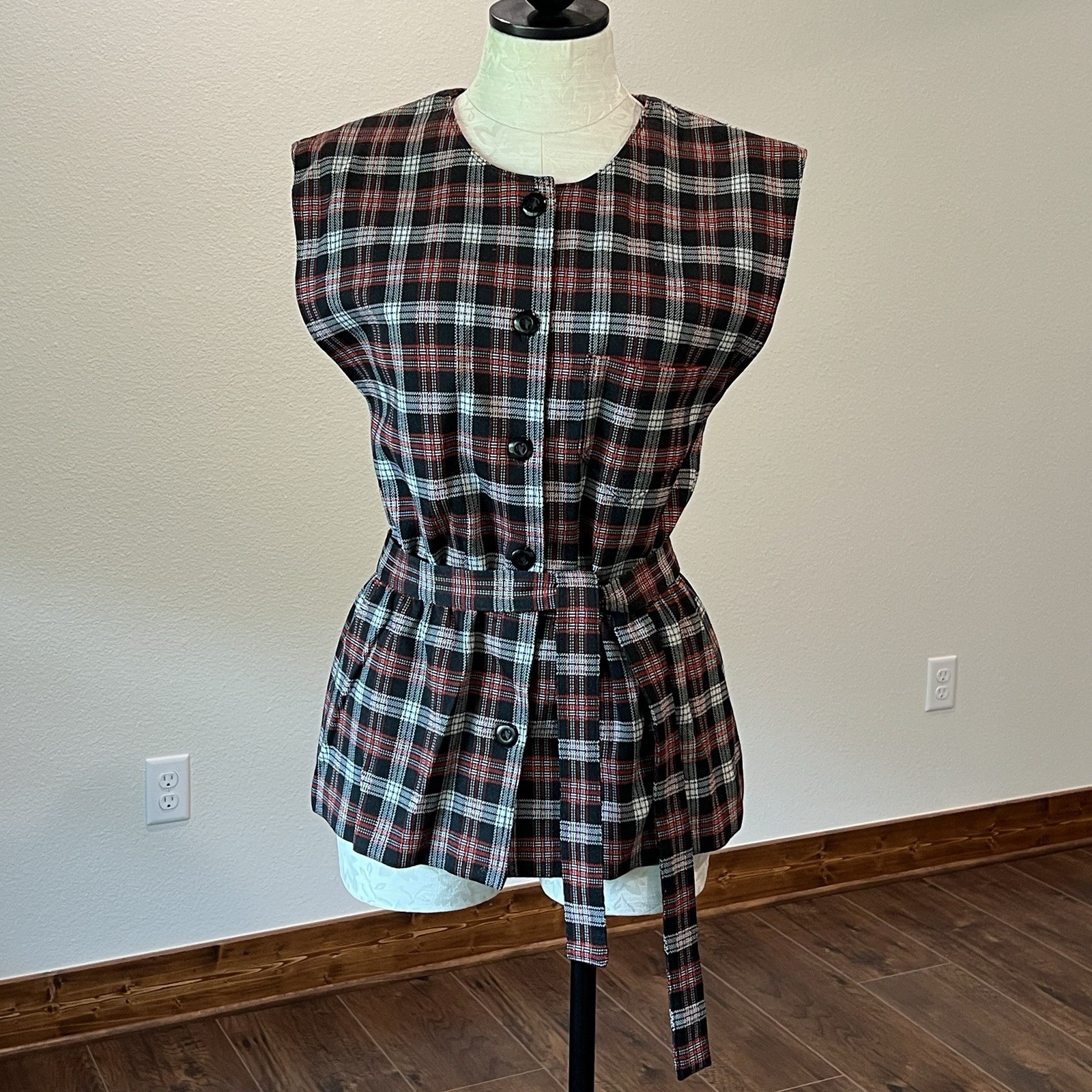 Vintage Handmade Black Red White Plaid Belted Blouse Sleeveless Secretary Chic
