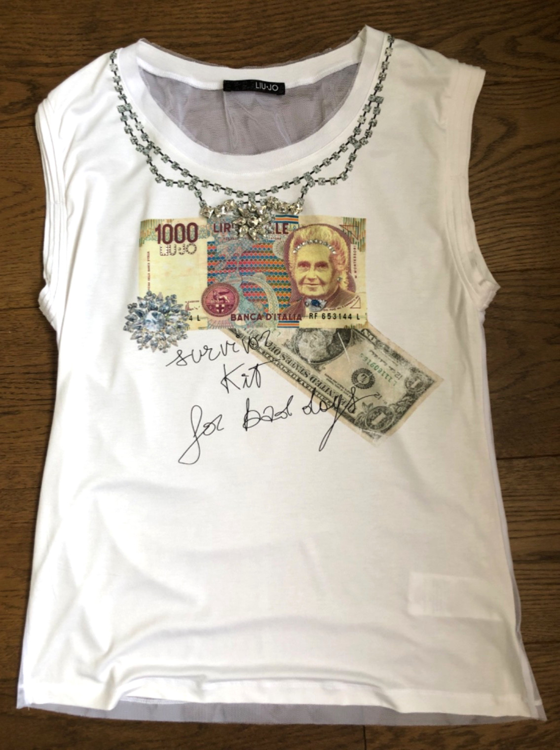 Liu Jo Sheer Mesh Back Top Embellished Money Print Y2K Style Sleeveless Tee M