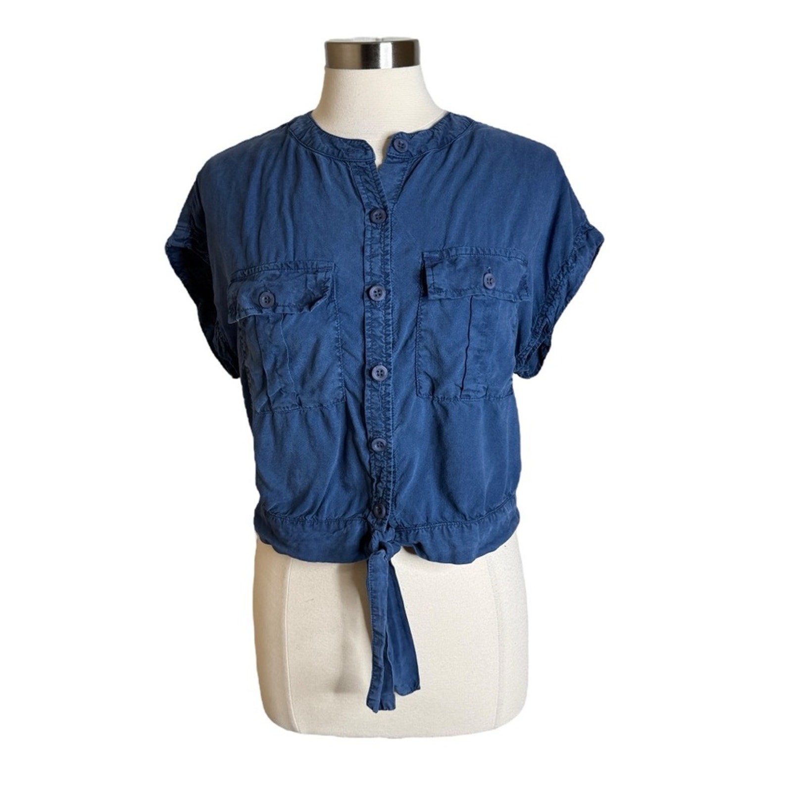Bella Dahl Button Up Tie Front Navy Tencel Short Sleeve Top Women’s Size Medium
