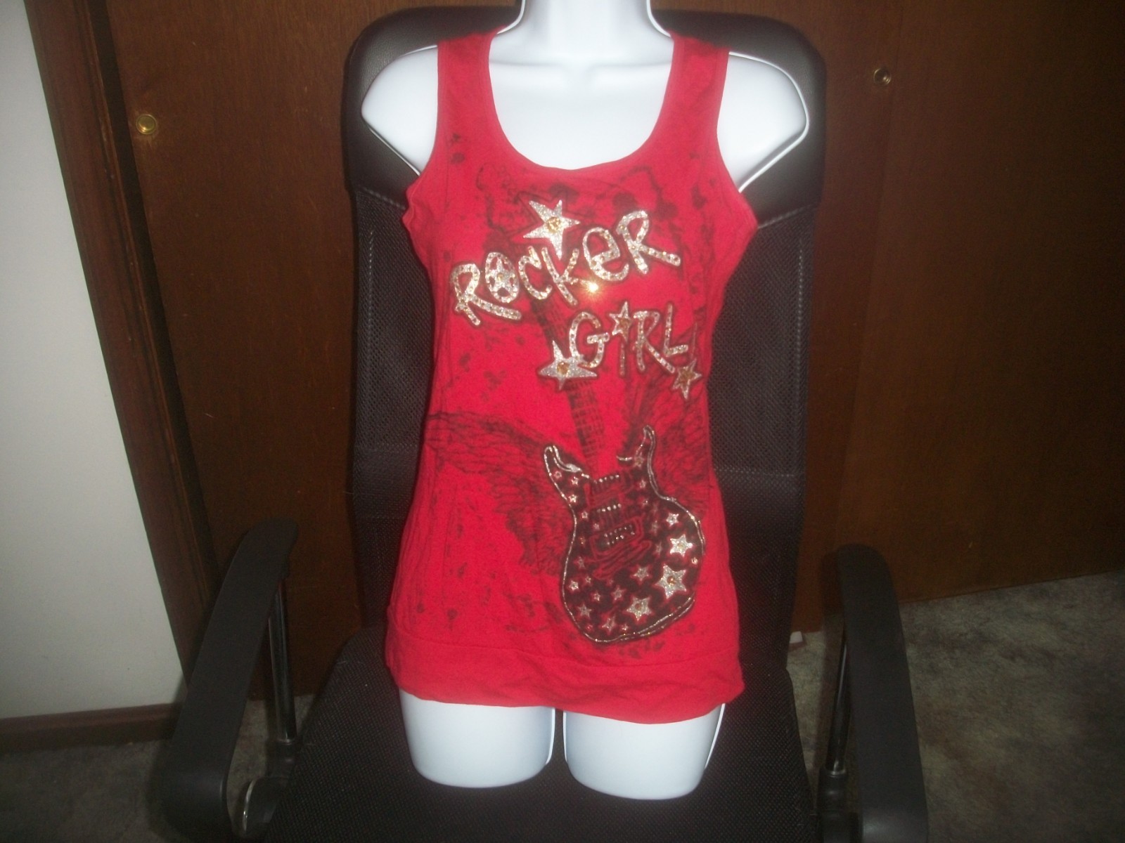 womens red tank top.Guitar bling.Rocker Girl.size medium