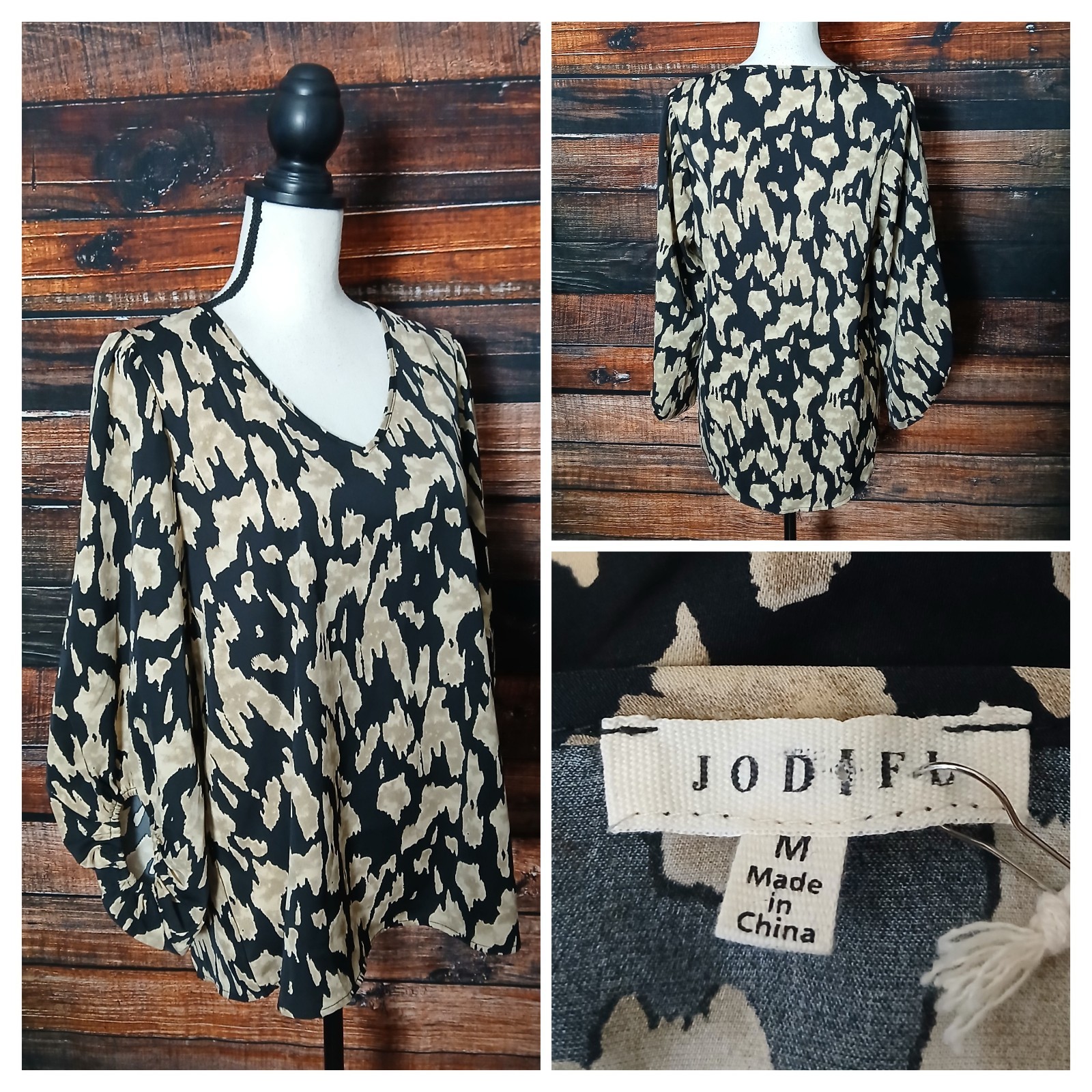 Jodifl Top Size M Black Tan Abstract Balloon Sleeve V-Neck NEW