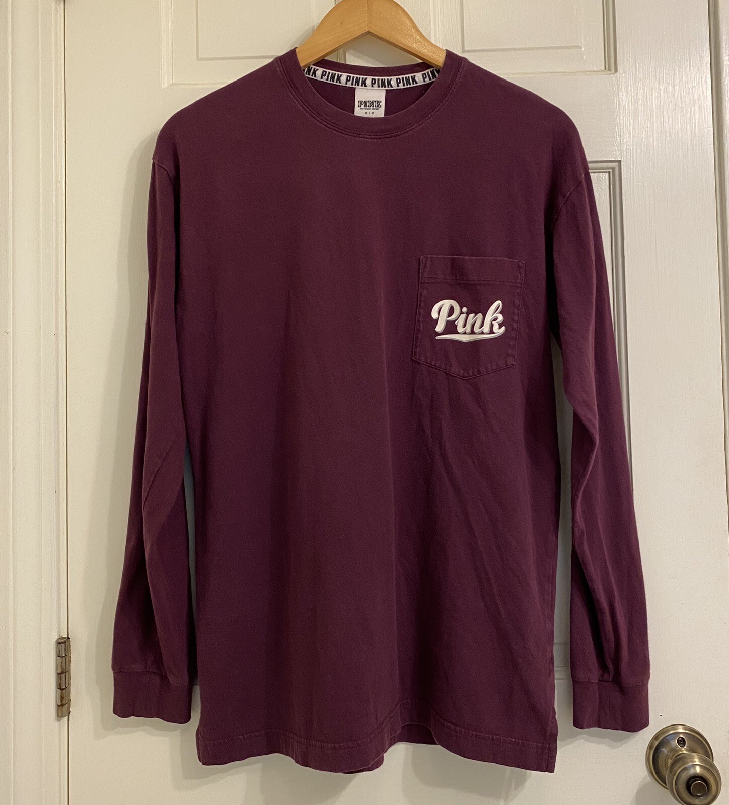PINK Victoria’s Secret T-Shirt Purple Long Sleeve Tee Pocket & Back Logo Size S