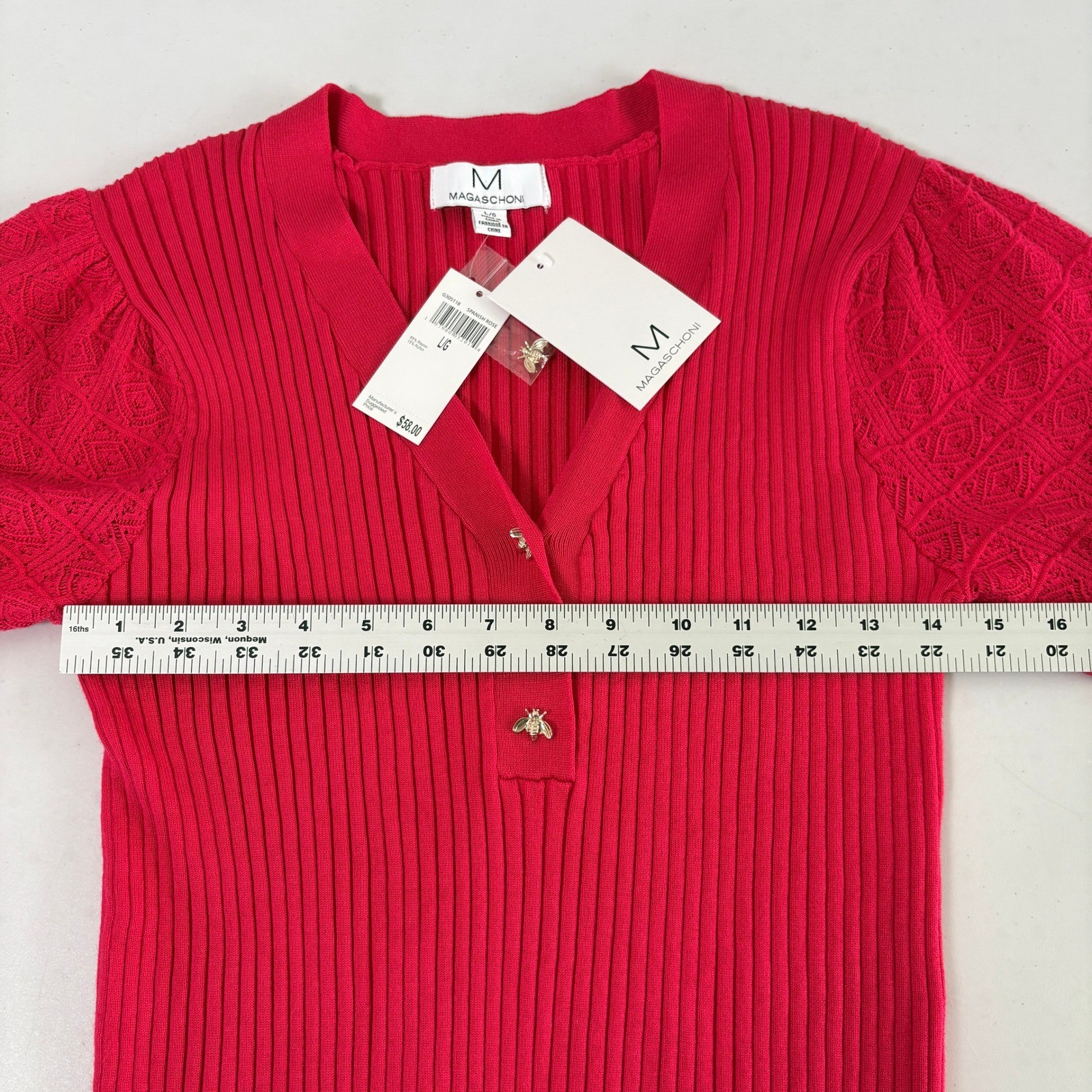 Magaschoni Ribbed Knit Top Womens L Spanish Rose Red Bee Button Short Sleeve NWT