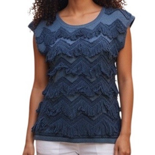 ANTHROPOLOGIE YELLOW BIRD Slate Blue Chevron Fringe Knit Cap Sleeve Top EUC S