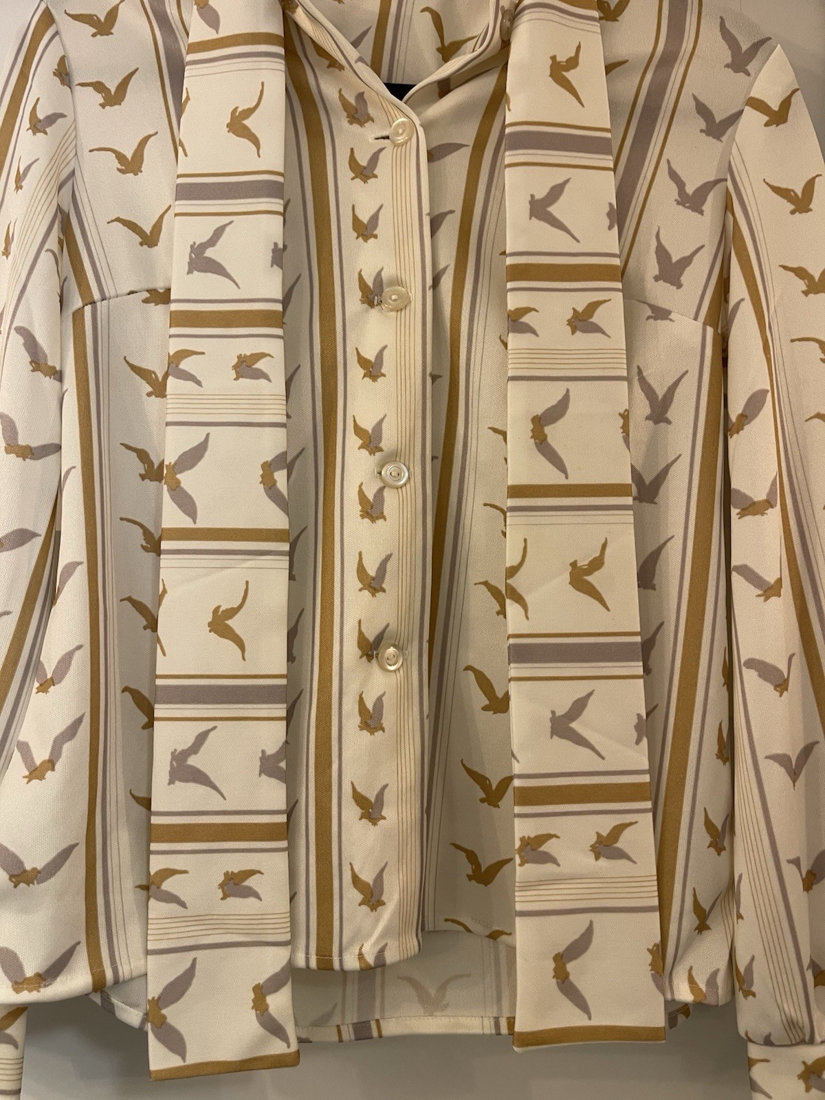 Vintage Womens Polyester 70s Bird Shirt Tie Neck Seagulls Size 12