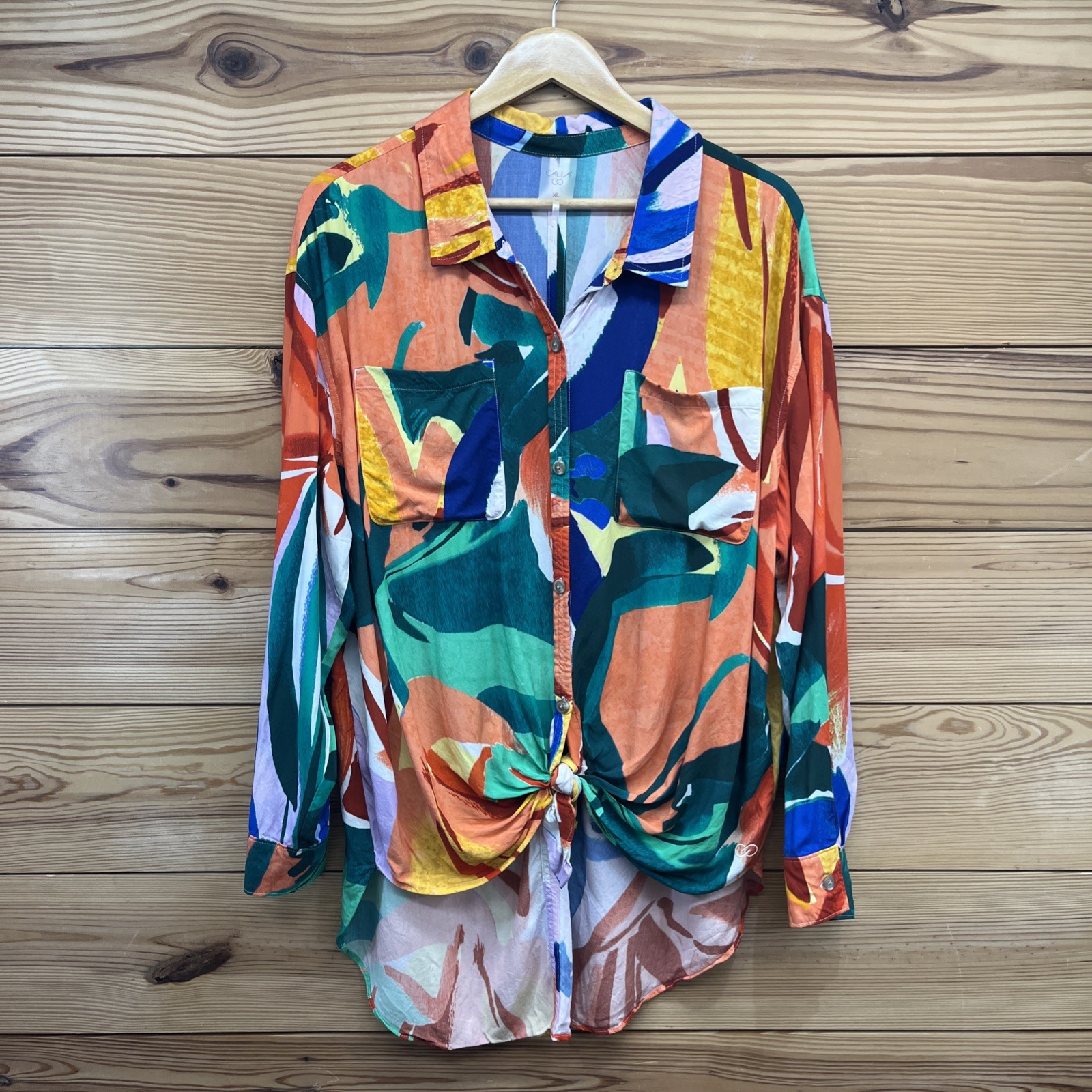Calia Shirt XL Tropical Bright Button Up High Low Tie Waist Rayon Cover LS B176