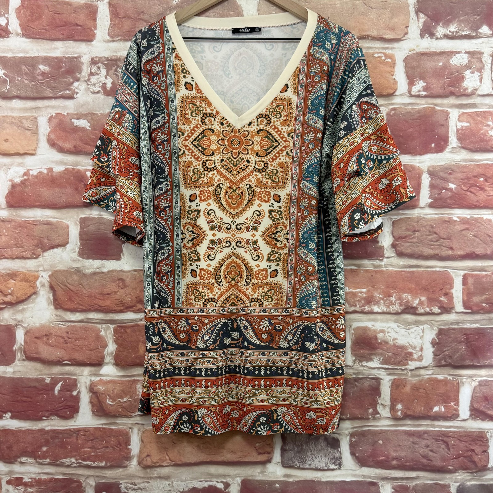 Lily By Firmiana Top Womens M Multicolor Boho Floral Tiered Sleeve Casual Shirt