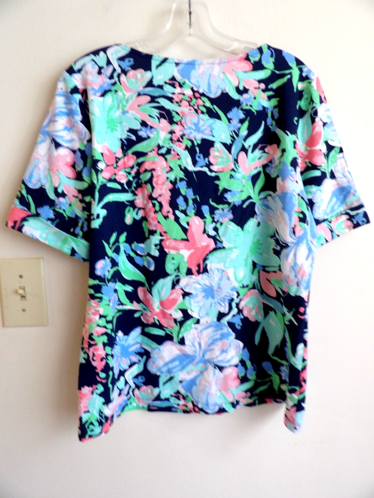 Coral Bay Women’s Floral Roll Tie Sleeve Stretch Top Shirt Size Medium