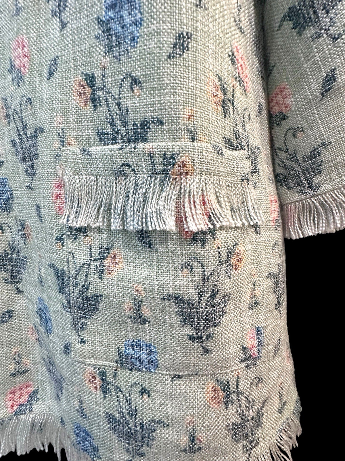 Tuckernuck Block Print Inspired Floral Fringe Detail Linen Blend Top Sage Sz M