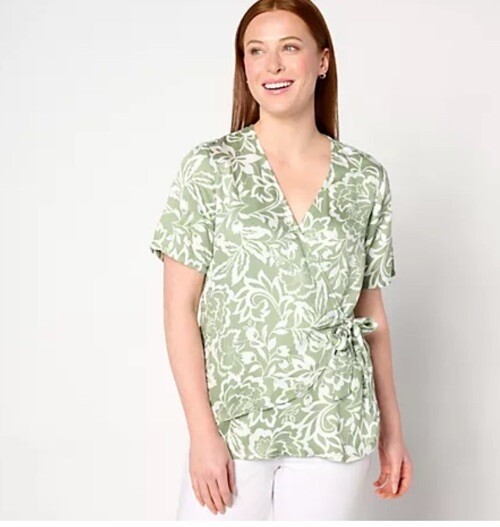 Any Body Faux Wrap Woven Top Womens Large Grren Short Sleeve Tropical