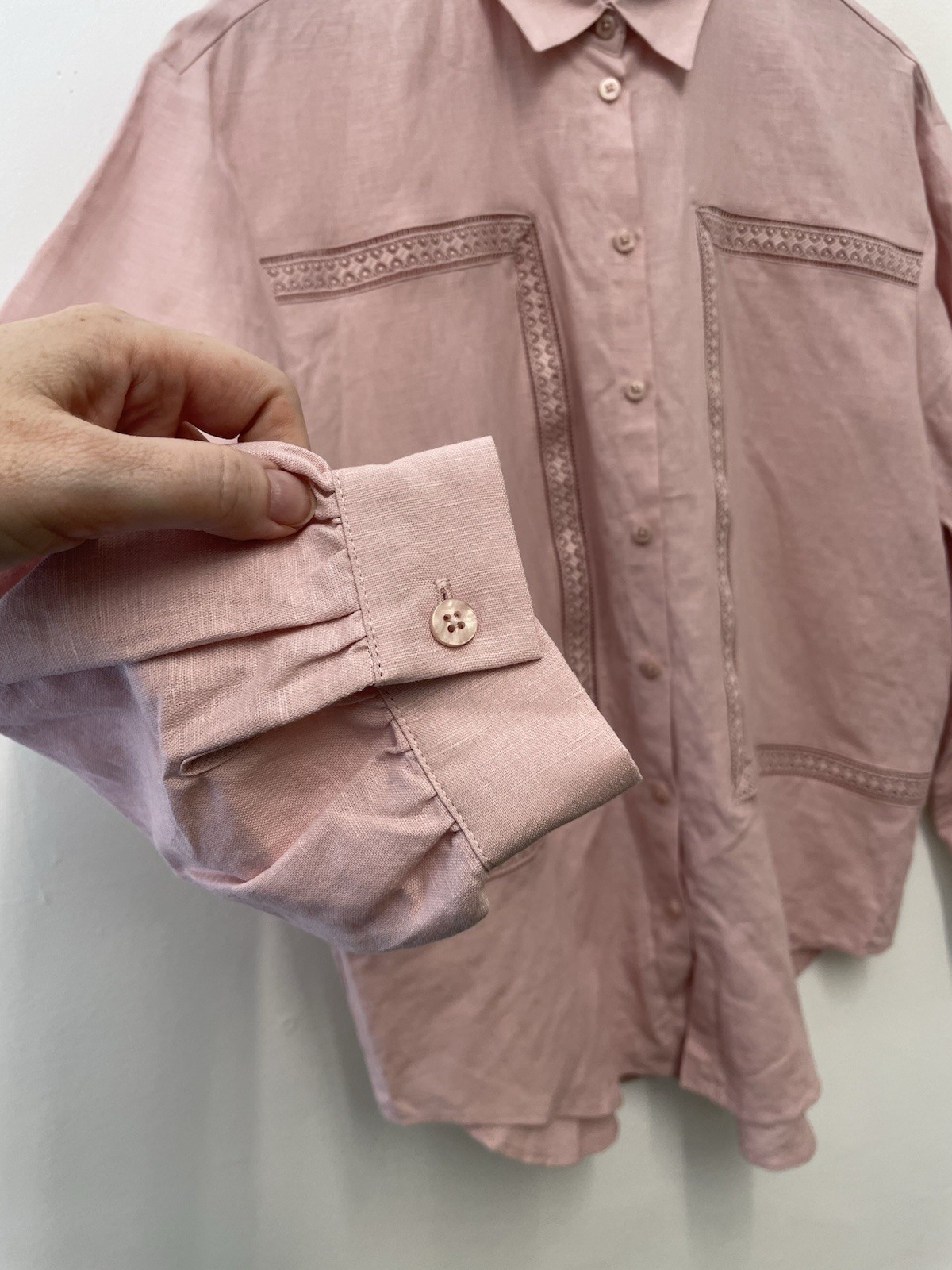 M&S Oversized Linen Rich Collared Lace Insert Shirt Size 10 Pink Shell Flax Mix