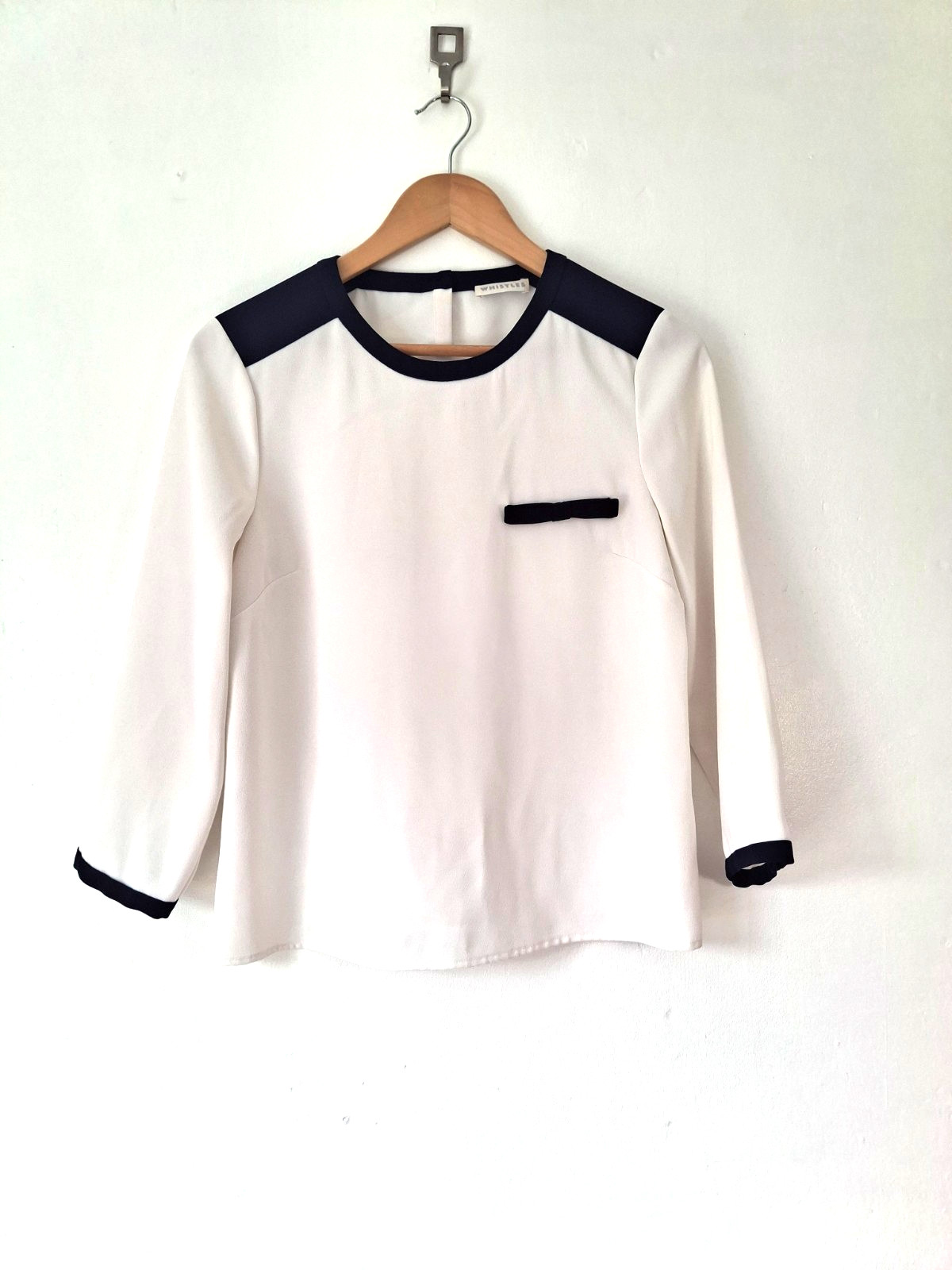 Whistles Womens Cream Navy Boxy Blouse Uk10 Bow 3/4 Sleeves Casual Work Buisness