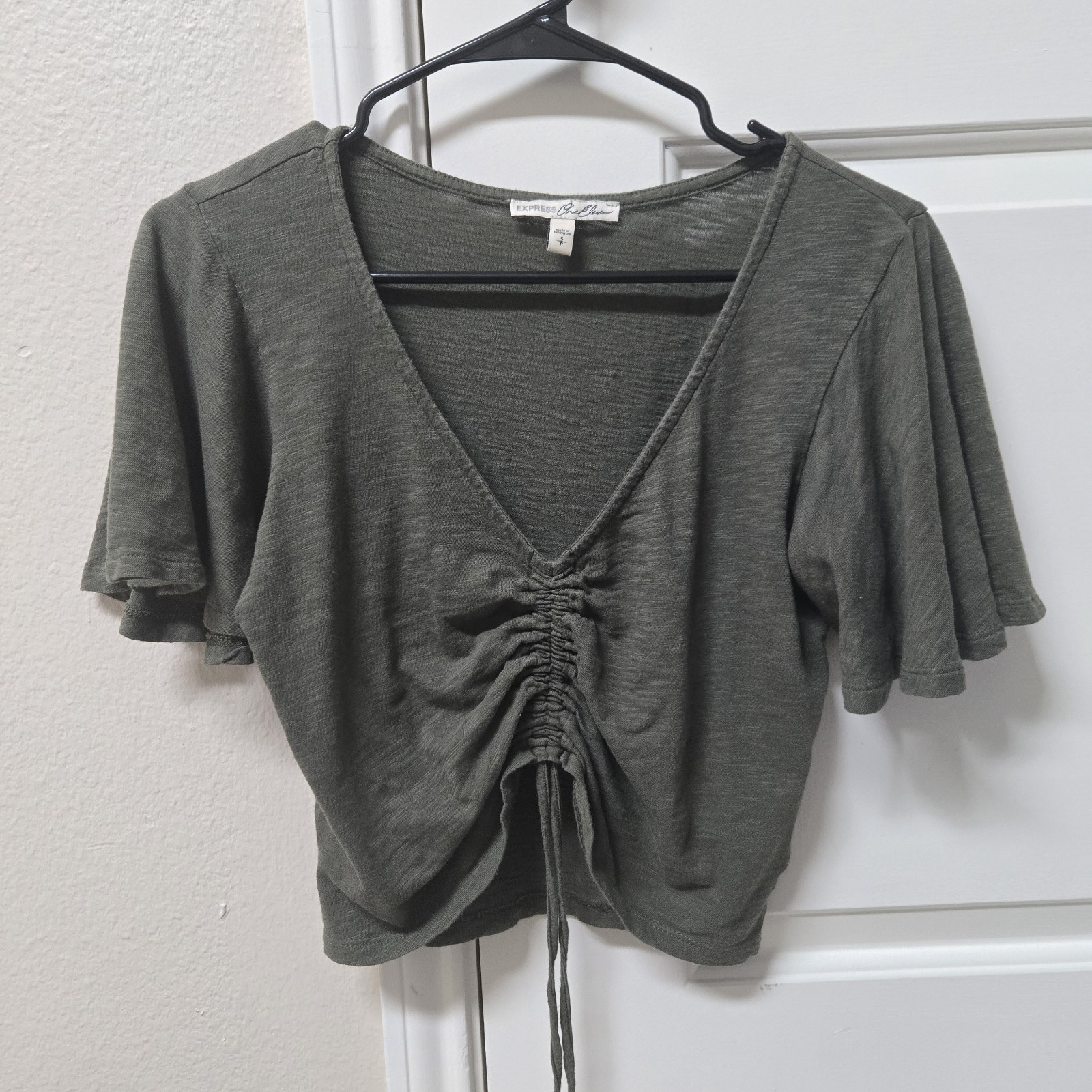 Express Women’s Green Knit Ruched Drawstring V-Neck Flutter Sleeve Crop Top XS