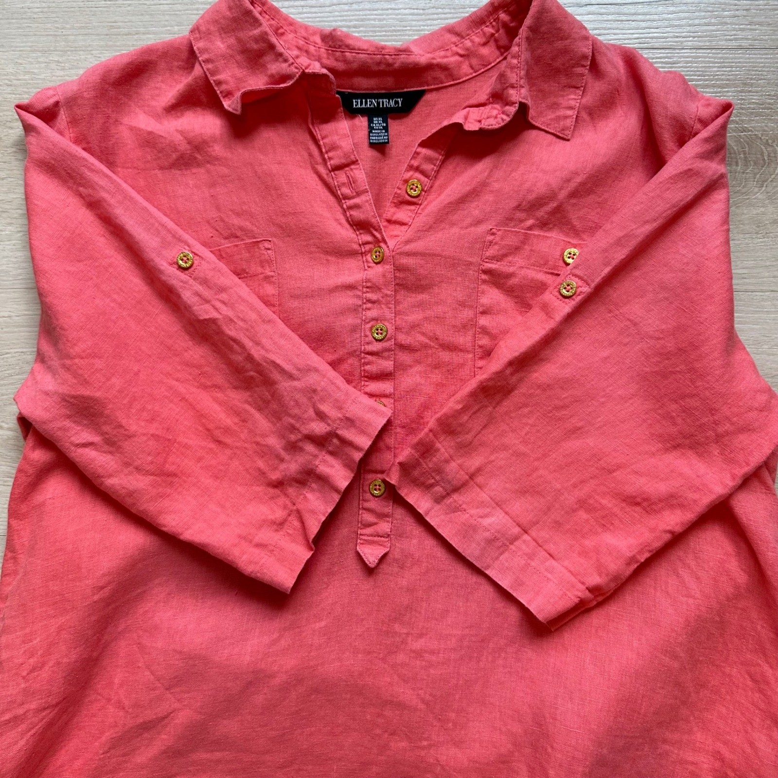 Ellen Tracy High Low Tunic Top Womens Casual XL Coral Pink Linen Vacation Breezy