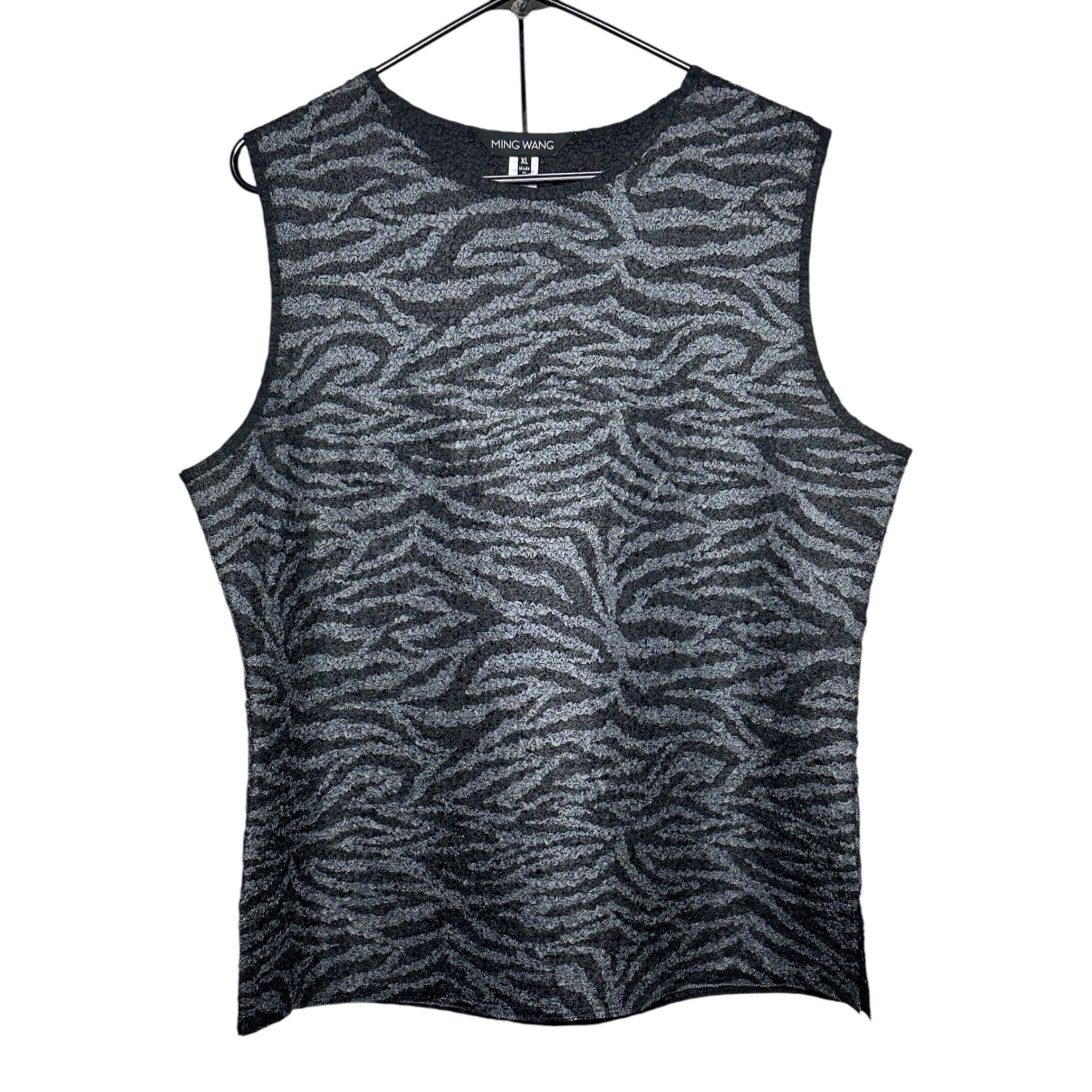 Ming Wang Grey Black Animal Print Textured Knit Sleeveless Tank Top Blouse XL