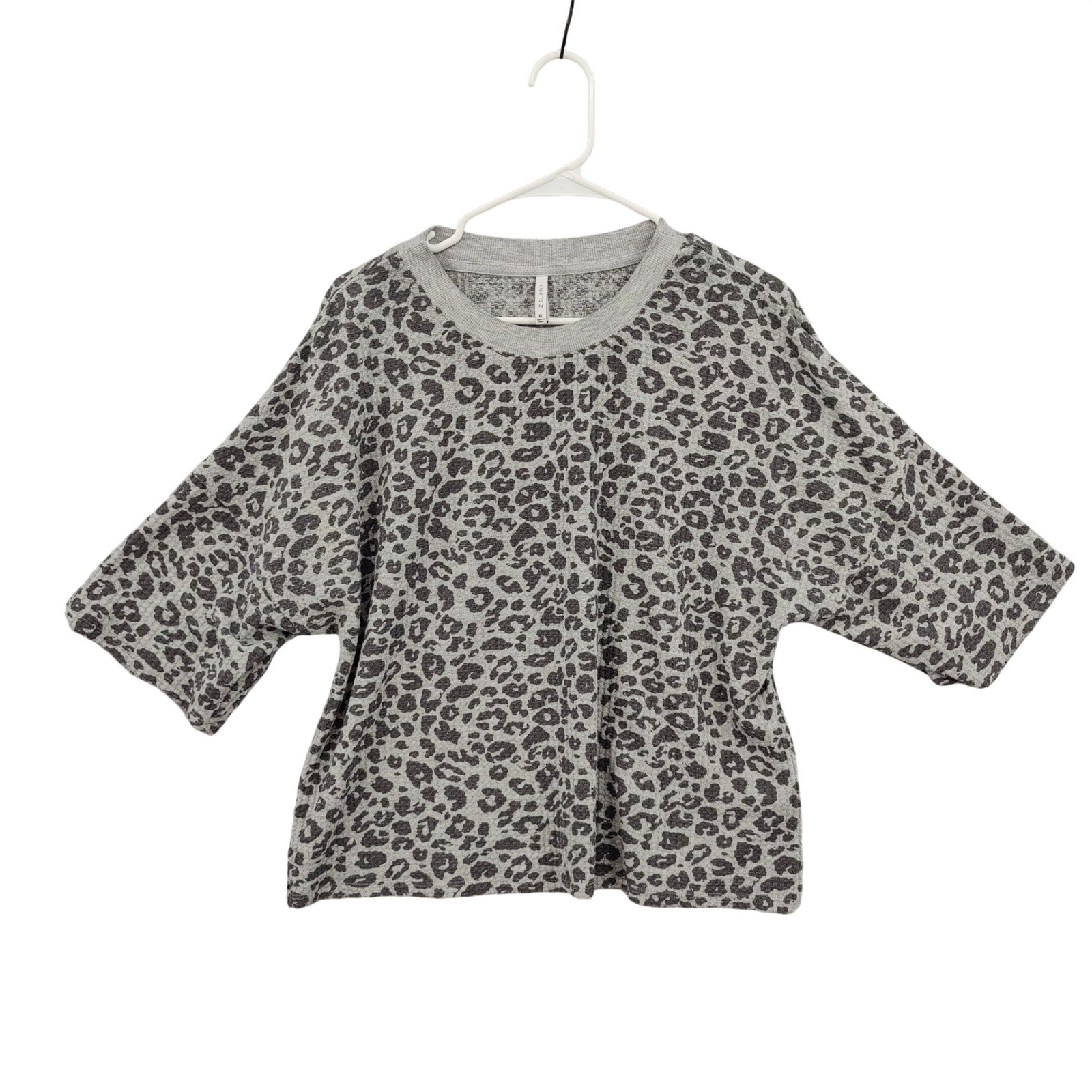 Z Supply Womens Indie Boxy Leopard Animal Chic Mob Wife Waffle Knit Top XL Gray