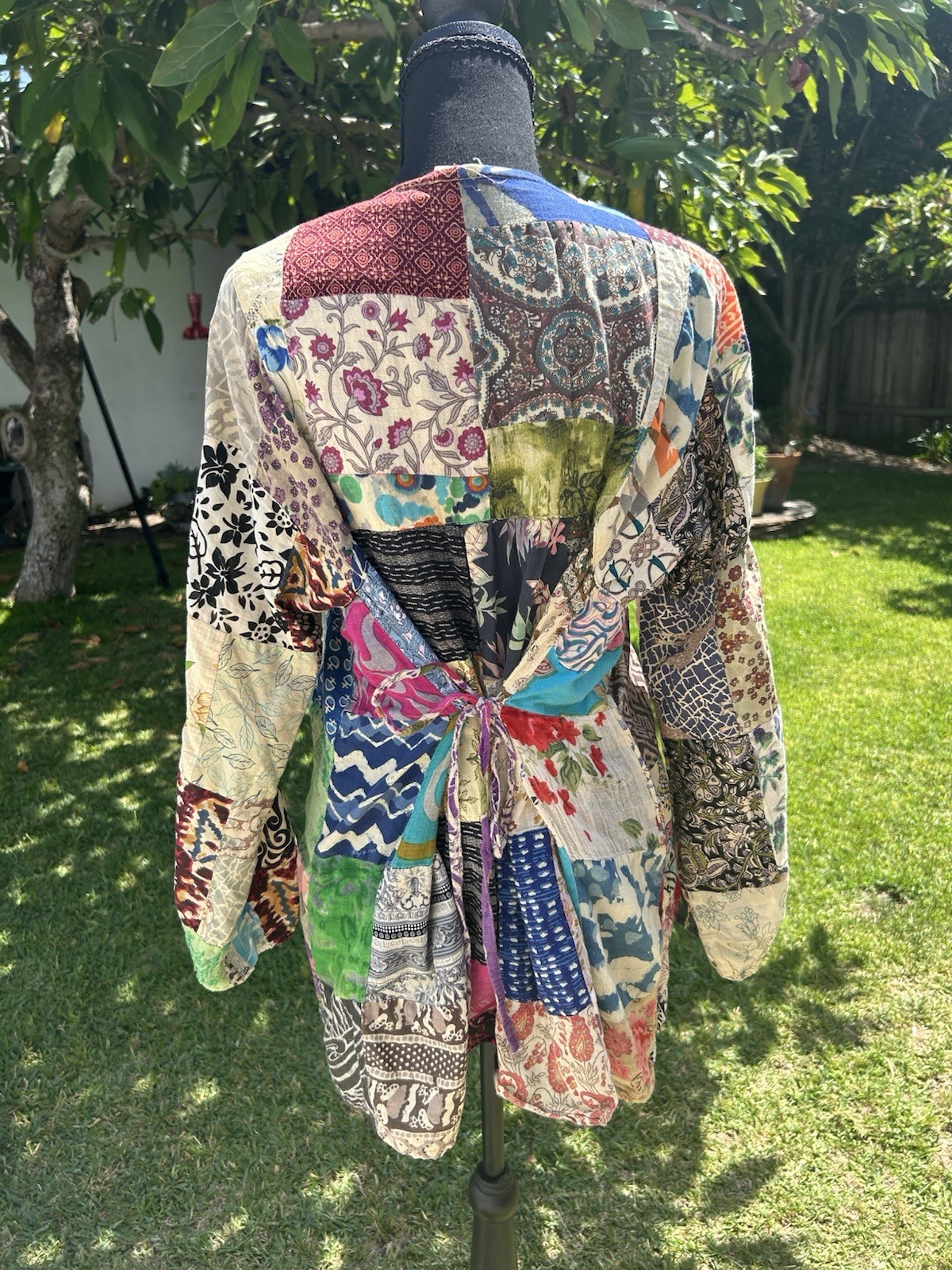 Gypsy Rose Patchwork Tie-Neck Waist Tie Blouse Top Womens M Multicolor
